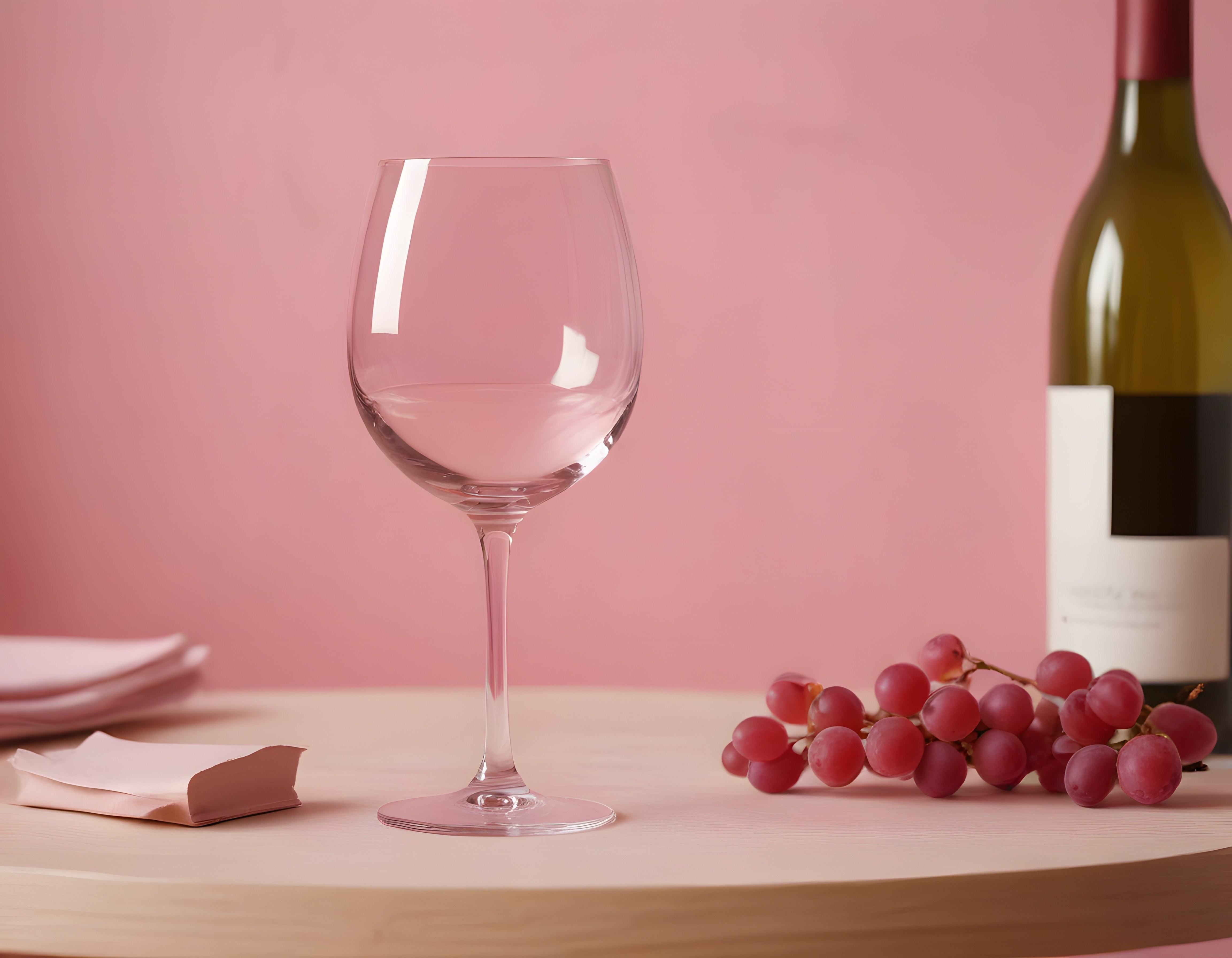 Pembe arka planda şarap kadehi, üzüm salkımı ve şarap şişesi ile şık masa düzeni