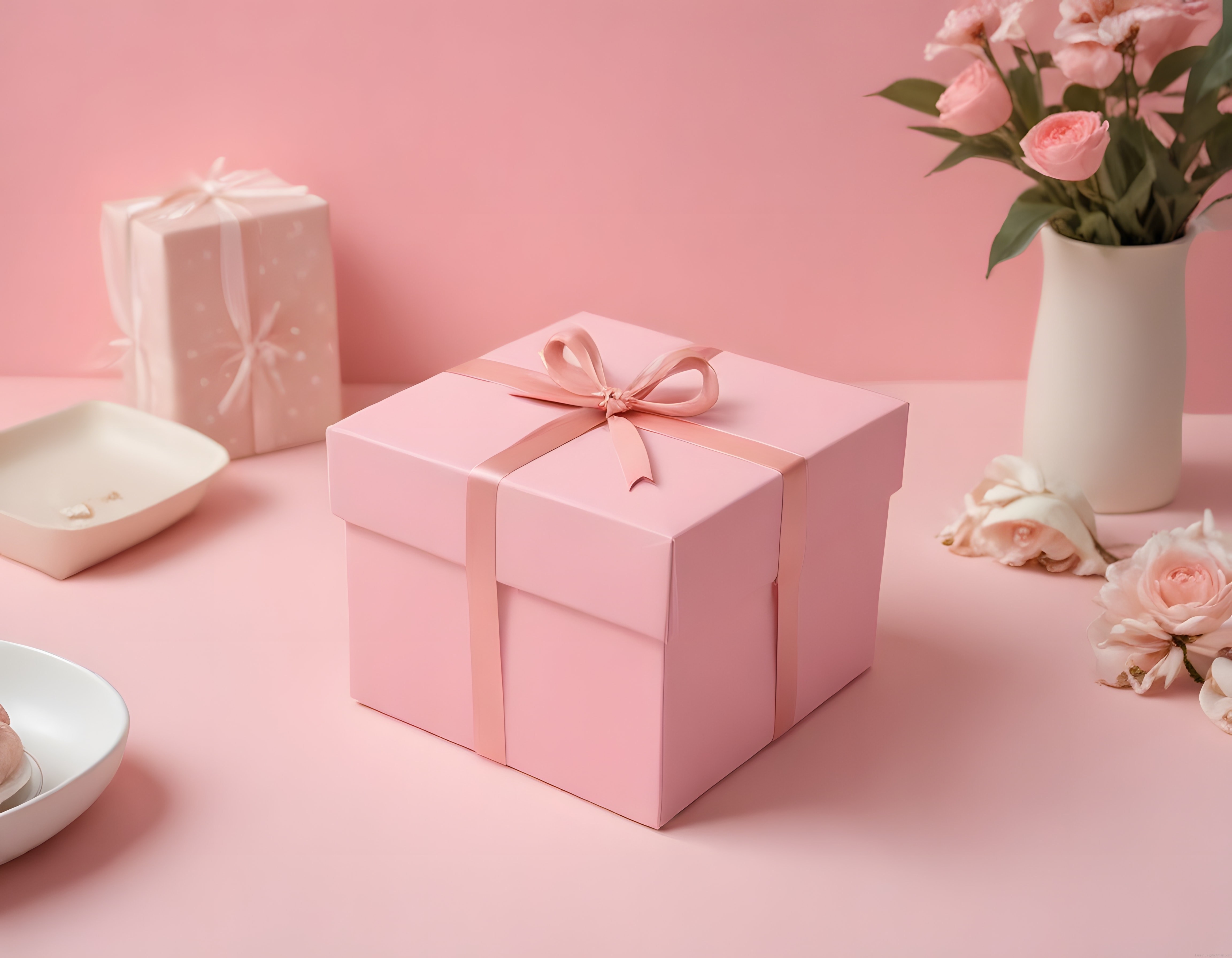 Pembe Arka Planda Saten Kurdeleli Şık Hediye Kutusu ve Vazoda Açık Pembe Güller