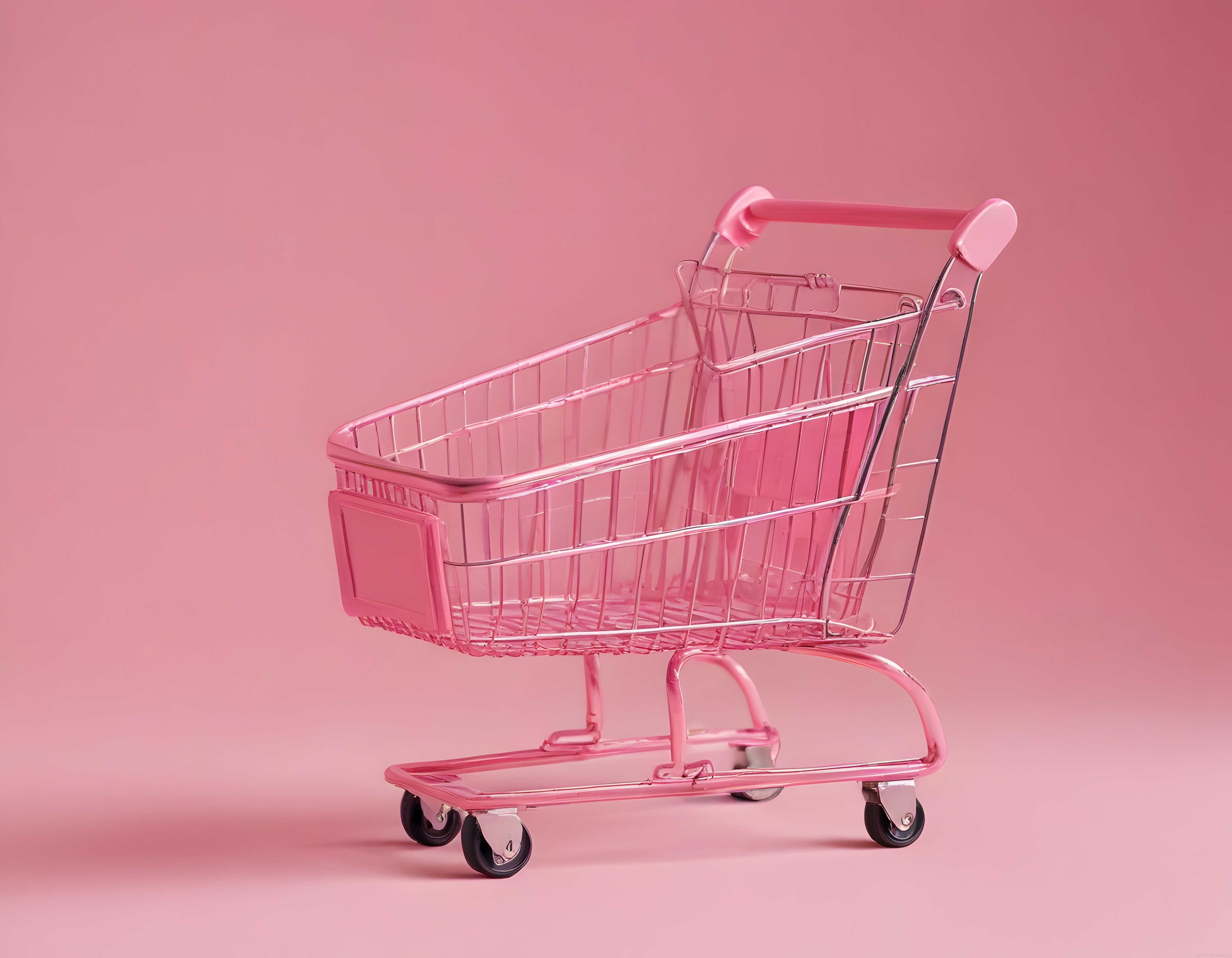 Pembe arka planda şeffaf alışveriş arabası ile modern perakende konsepti