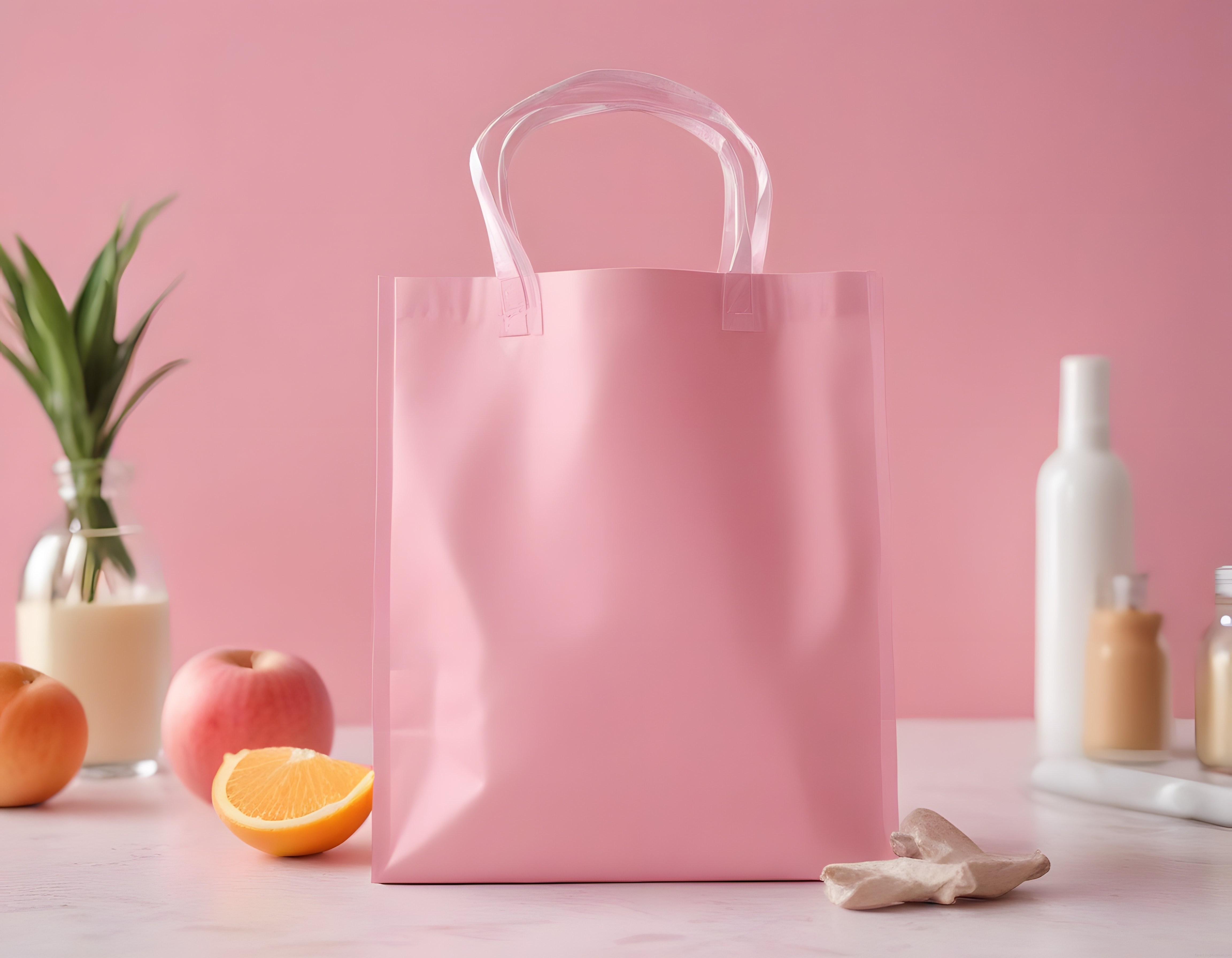 Pembe Arka Planda Şeffaf Plastik Çanta ve Doğal Güzellik Ürünleri