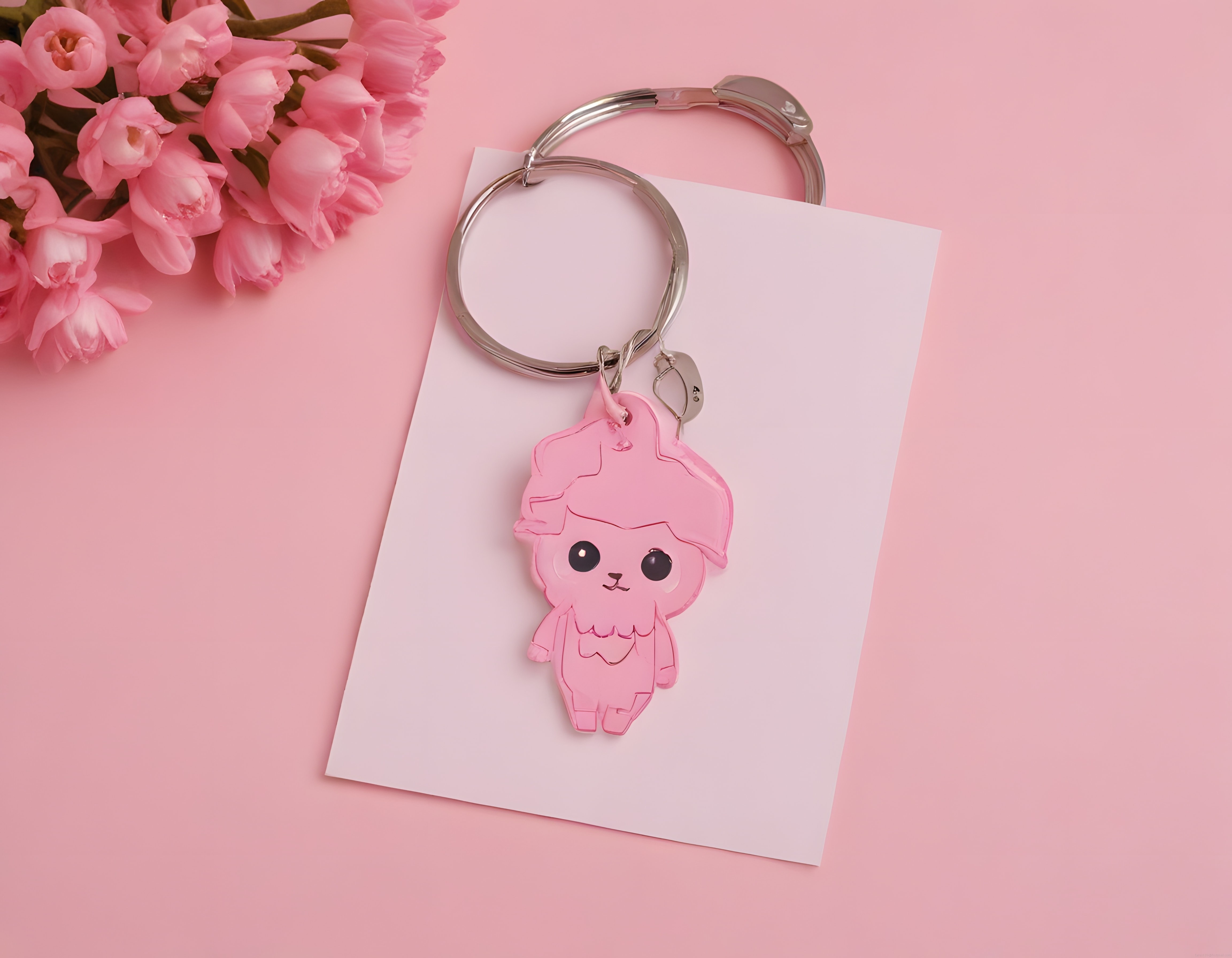 Pembe Arka Planda Sevimli Kawaii Figürlü Gümüş Anahtarlık ve Çiçekler