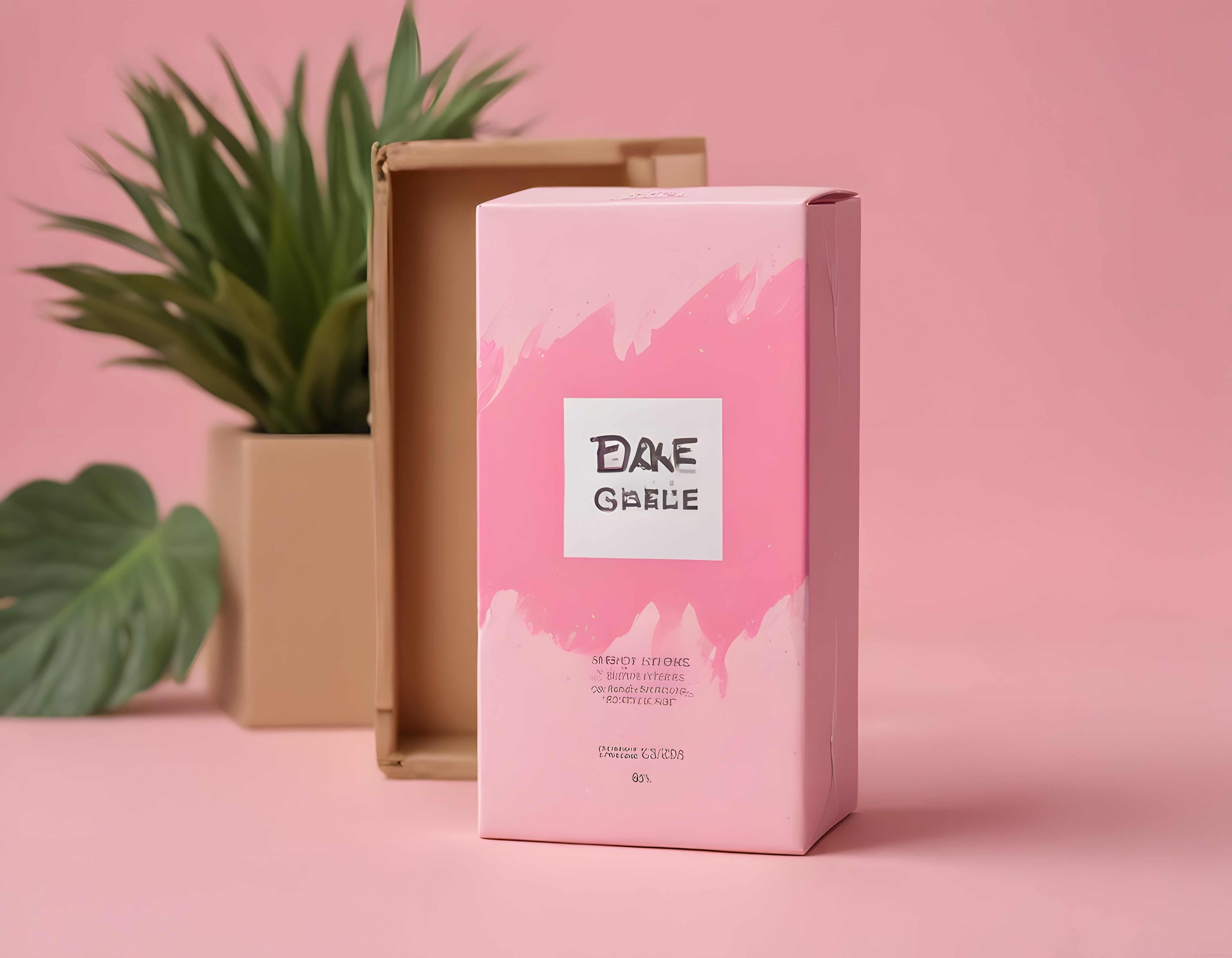Pembe Arka Planda Şık Dane Gbélé Cilt Bakım Ürün Kutusu ve Yeşil Bitkiler