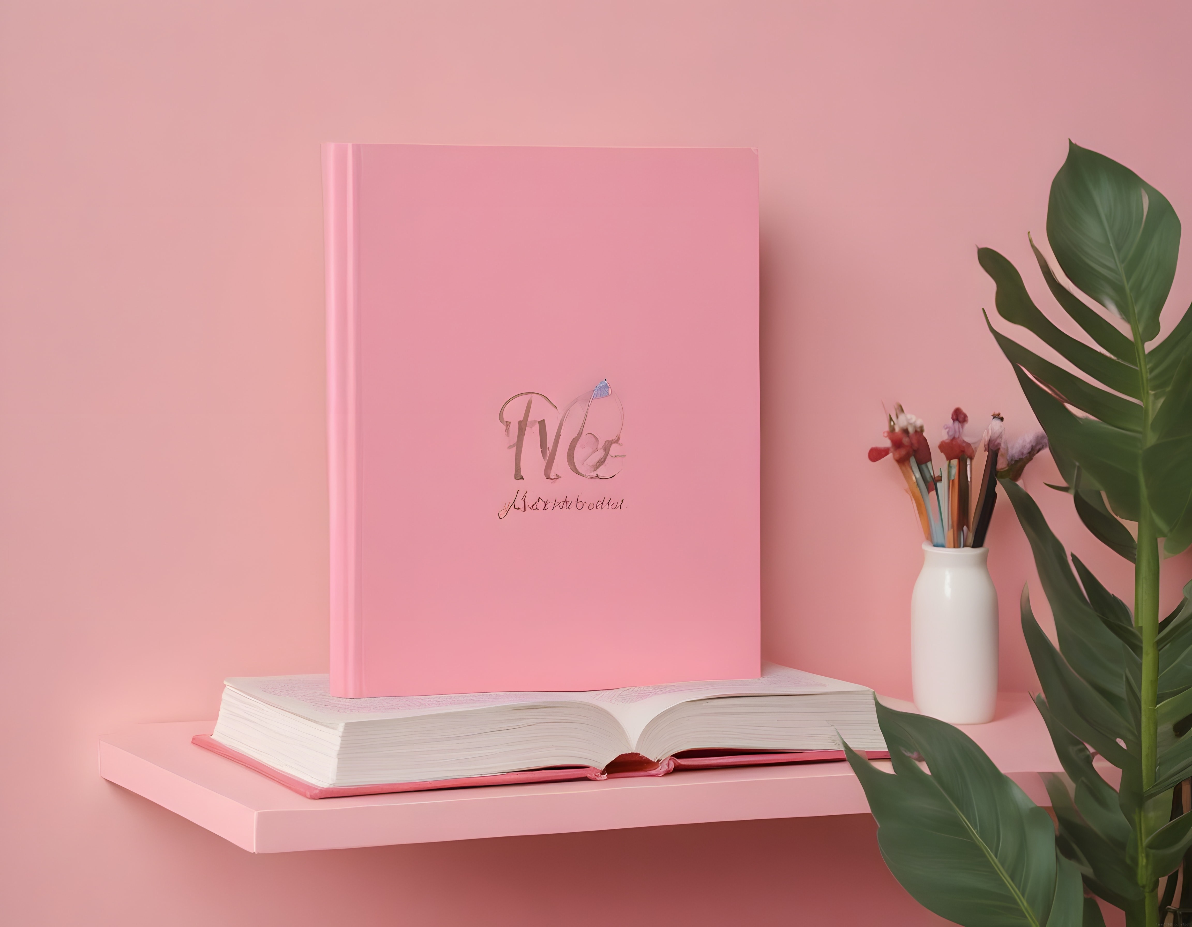 Pembe arka planda şık kitap ve açık defter ile dekoratif ürün konsept çekimi