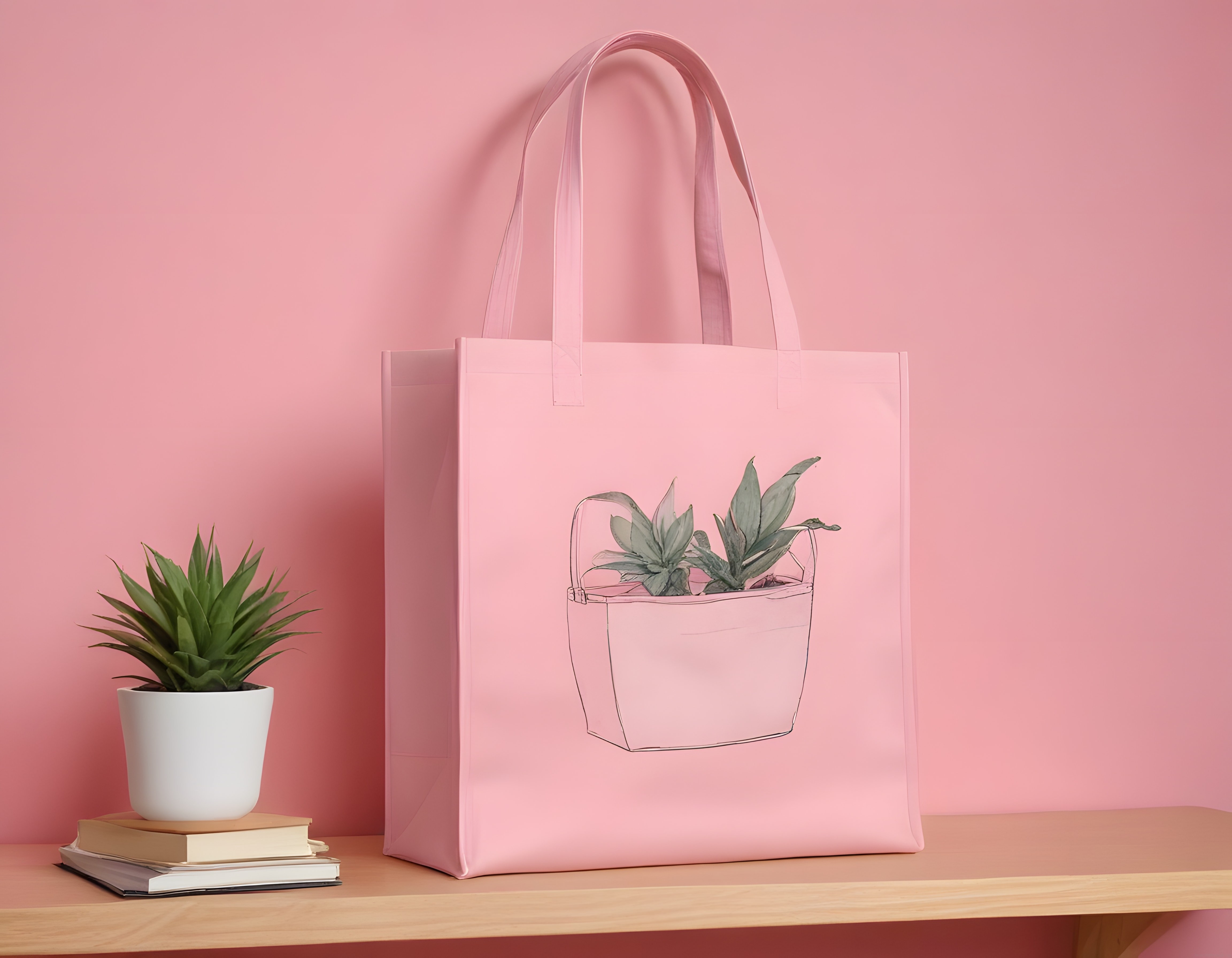 Pembe Arka Planda Sukulent Desenli Kanvas Bez Çanta ve Minimal Dekor