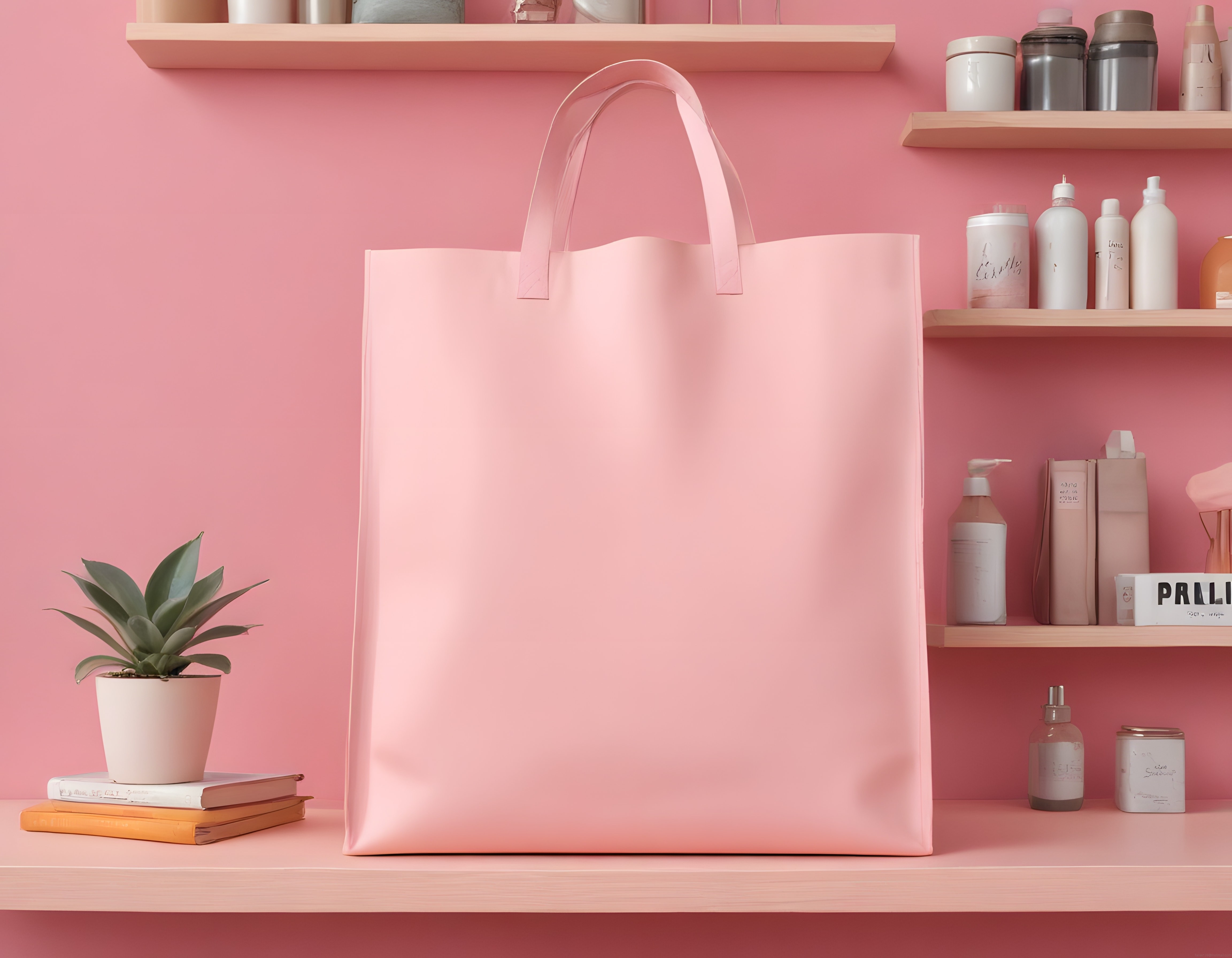 Pembe Arka Planda Sürdürülebilir Alışveriş Çantası ve Kozmetik Ürünleri