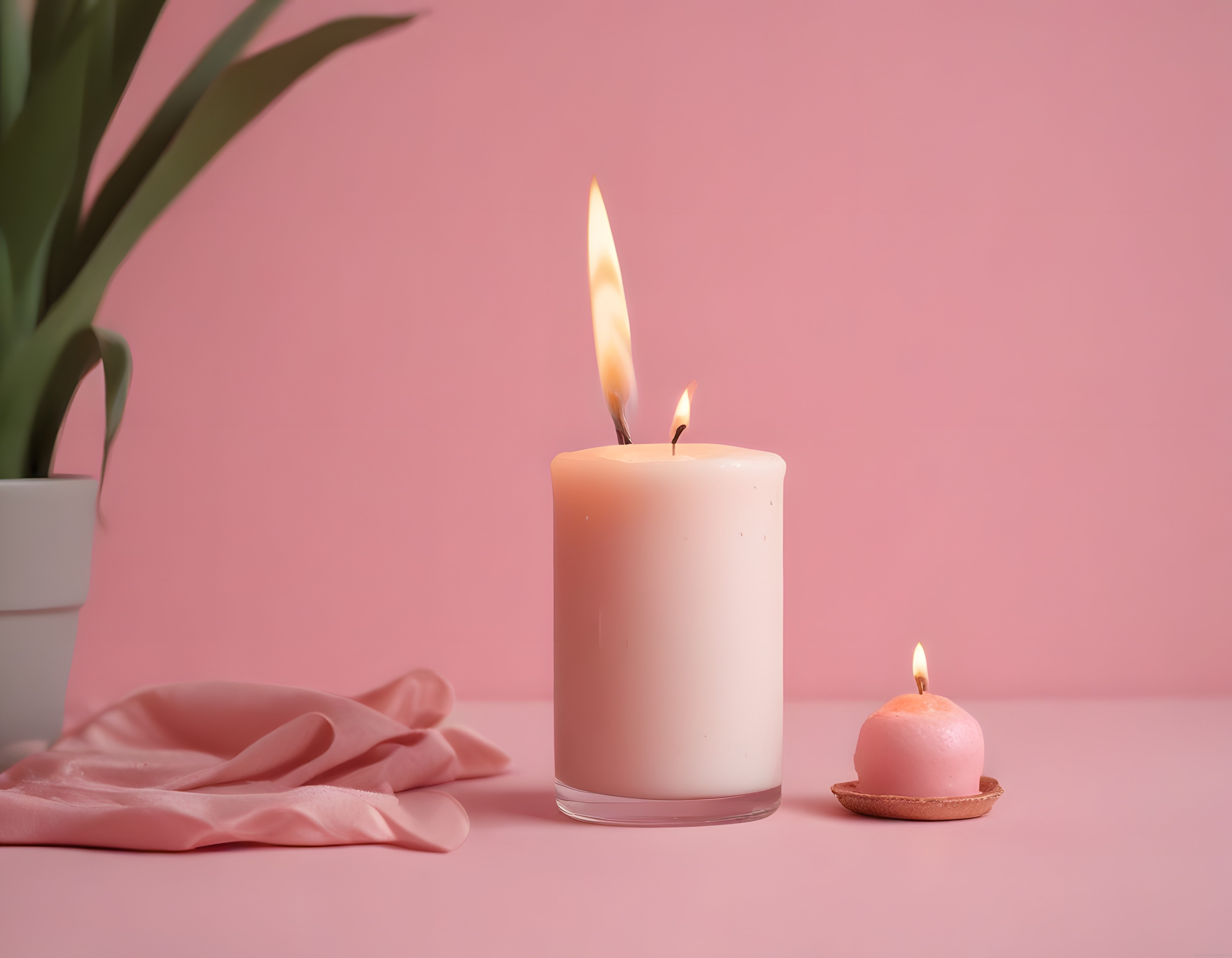 Pembe Arka Planda Yanan Mumlar ve Dekoratif Bitki ile Sıcak Atmosfer