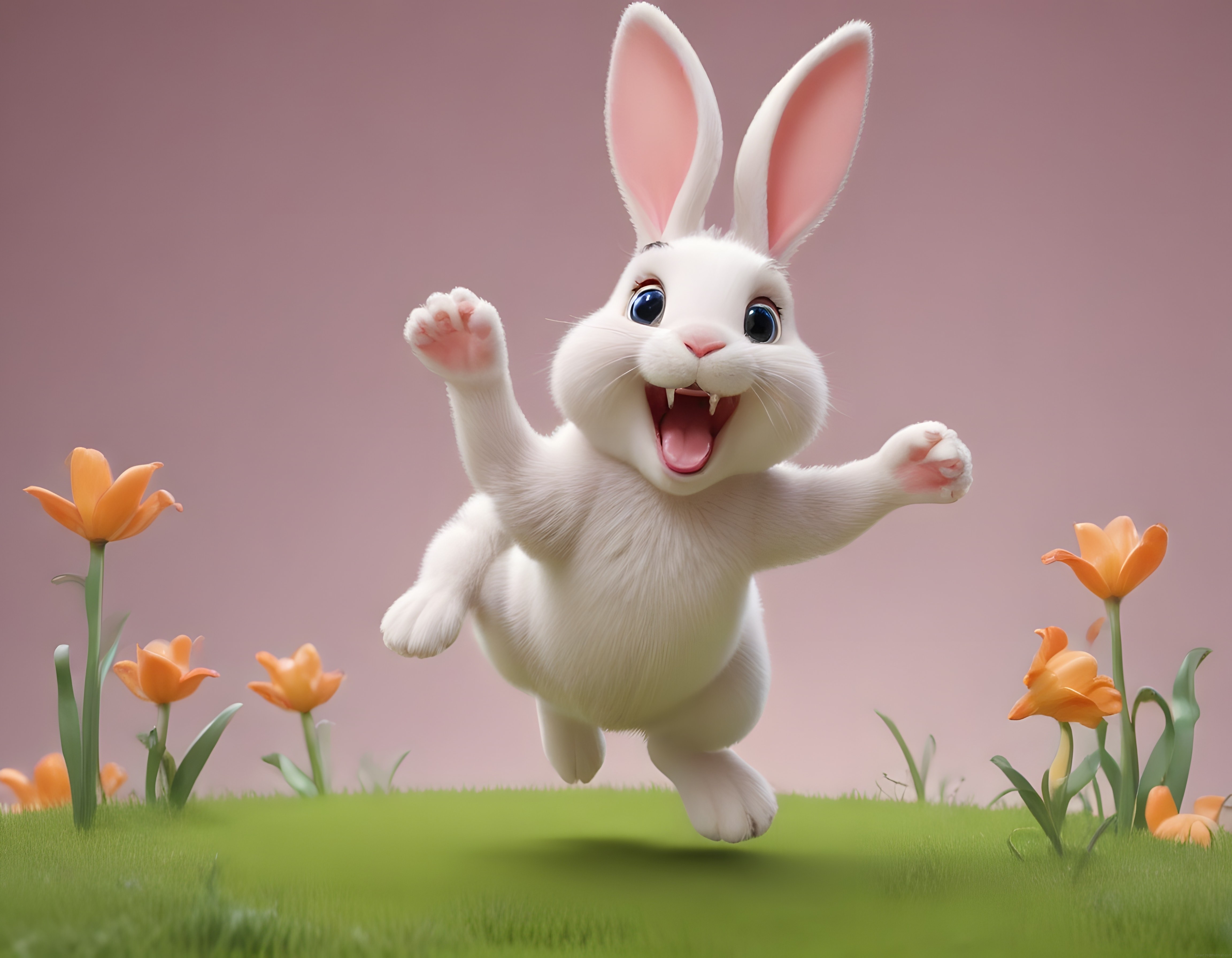 Pembe Arka Planda Zıplayan Sevimli 3D Beyaz Tavşan ve Turuncu Laleler