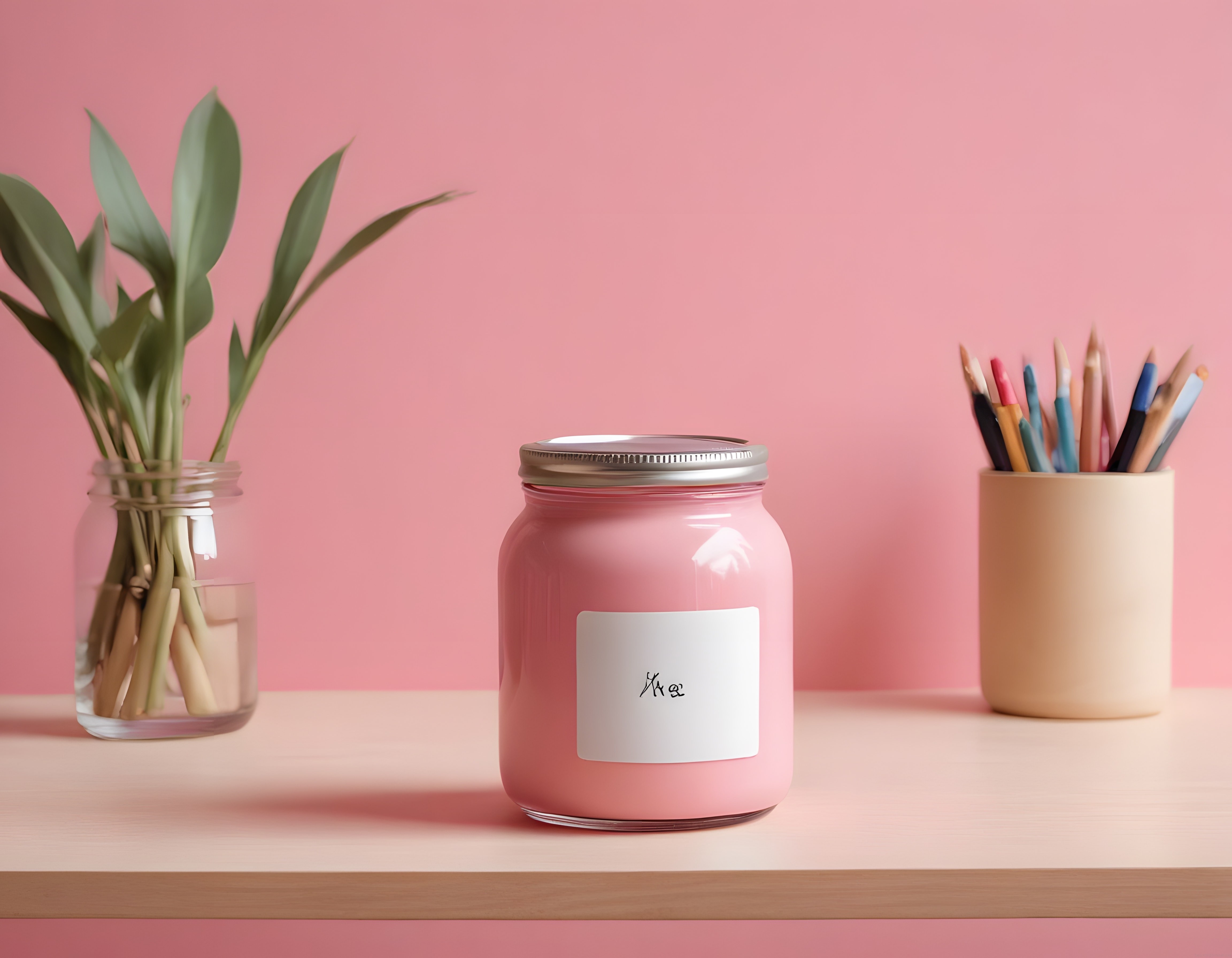 Pembe arka plandaki masada boş etiketli kavanoz ve boya kalemleri