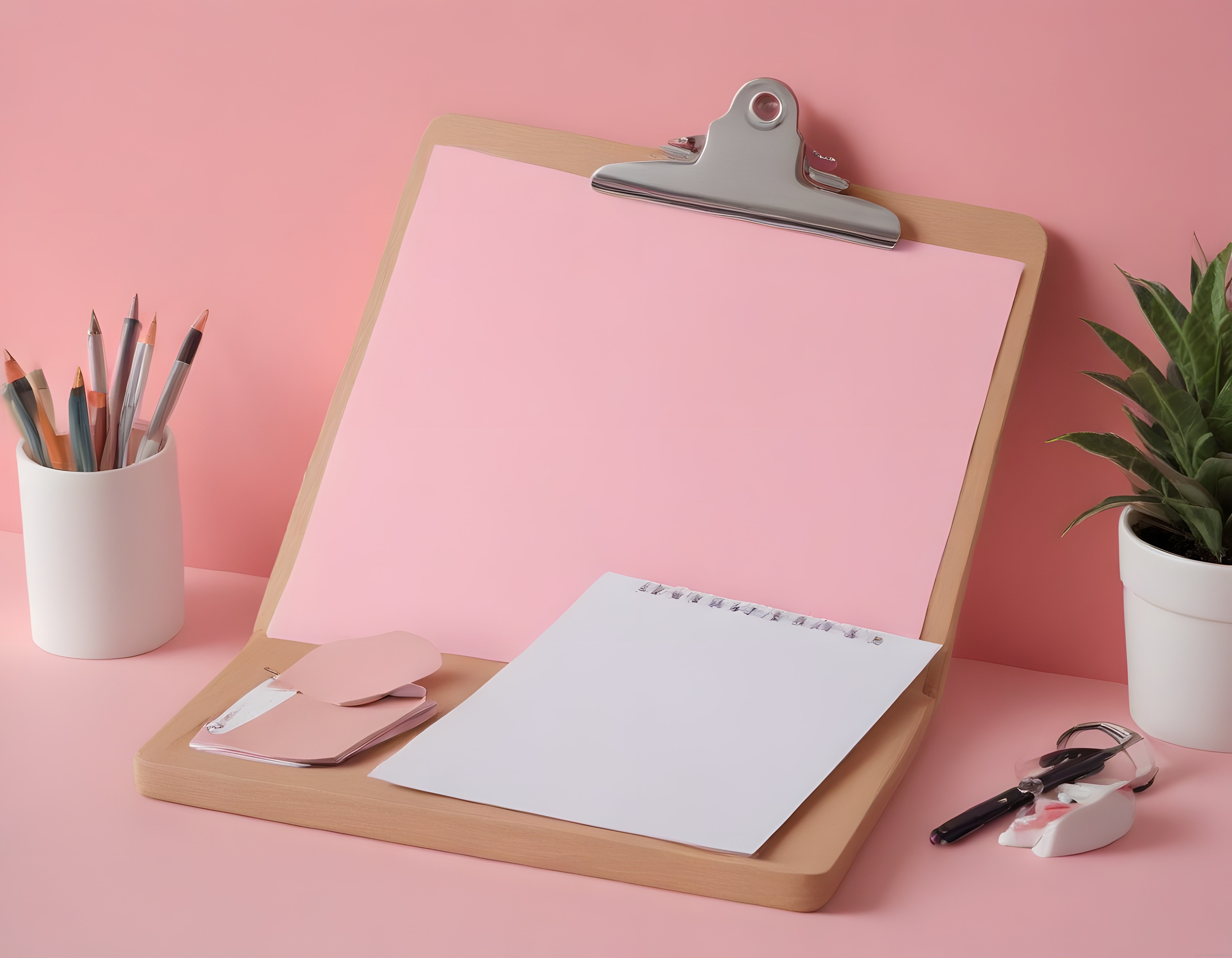 Pembe Arka Planlı Minimal Çalışma Masası Düzeni ve Notluk Detayı