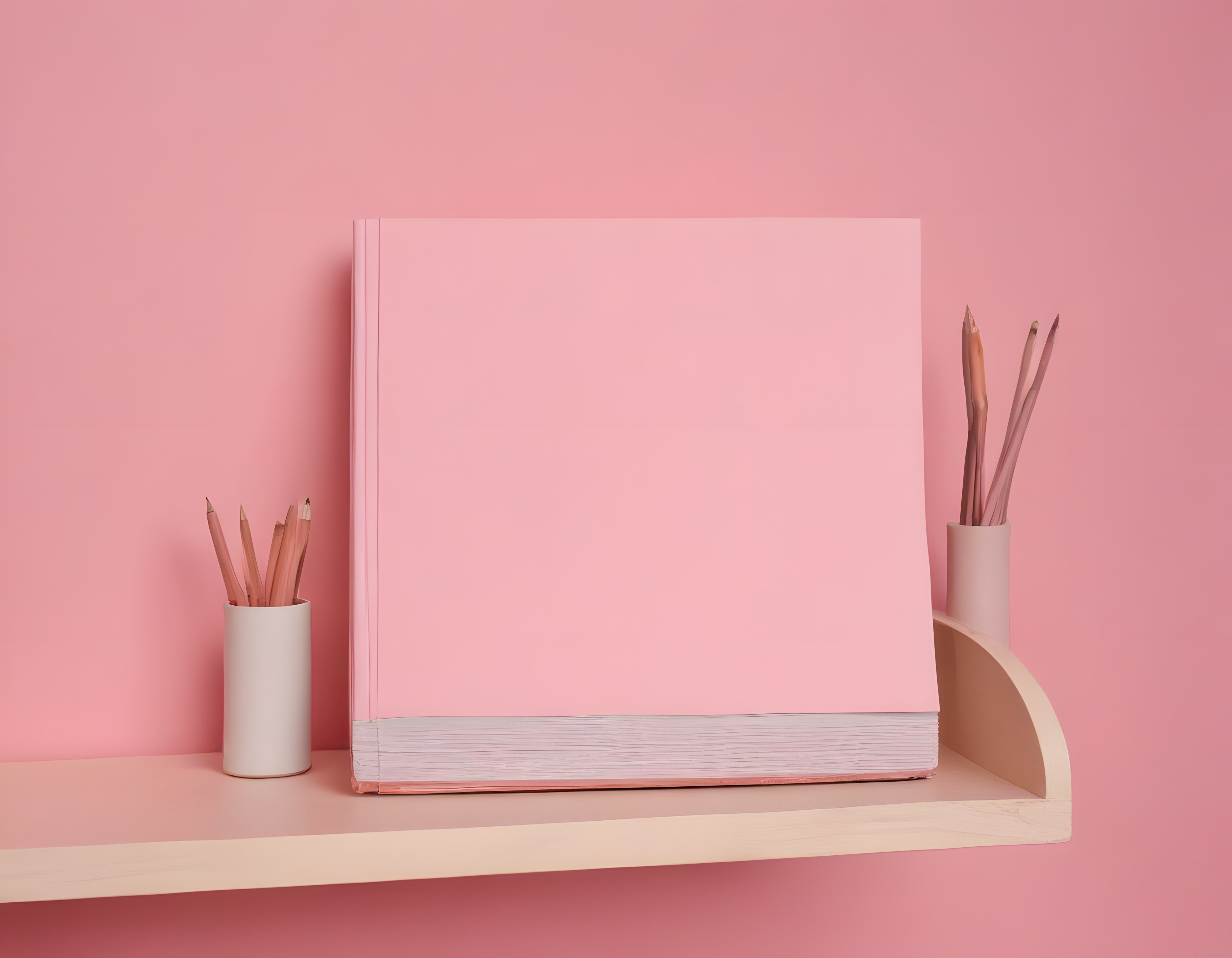 Pembe arka planlı minimal çalışma masası düzeninde boş kapaklı kitap mockup