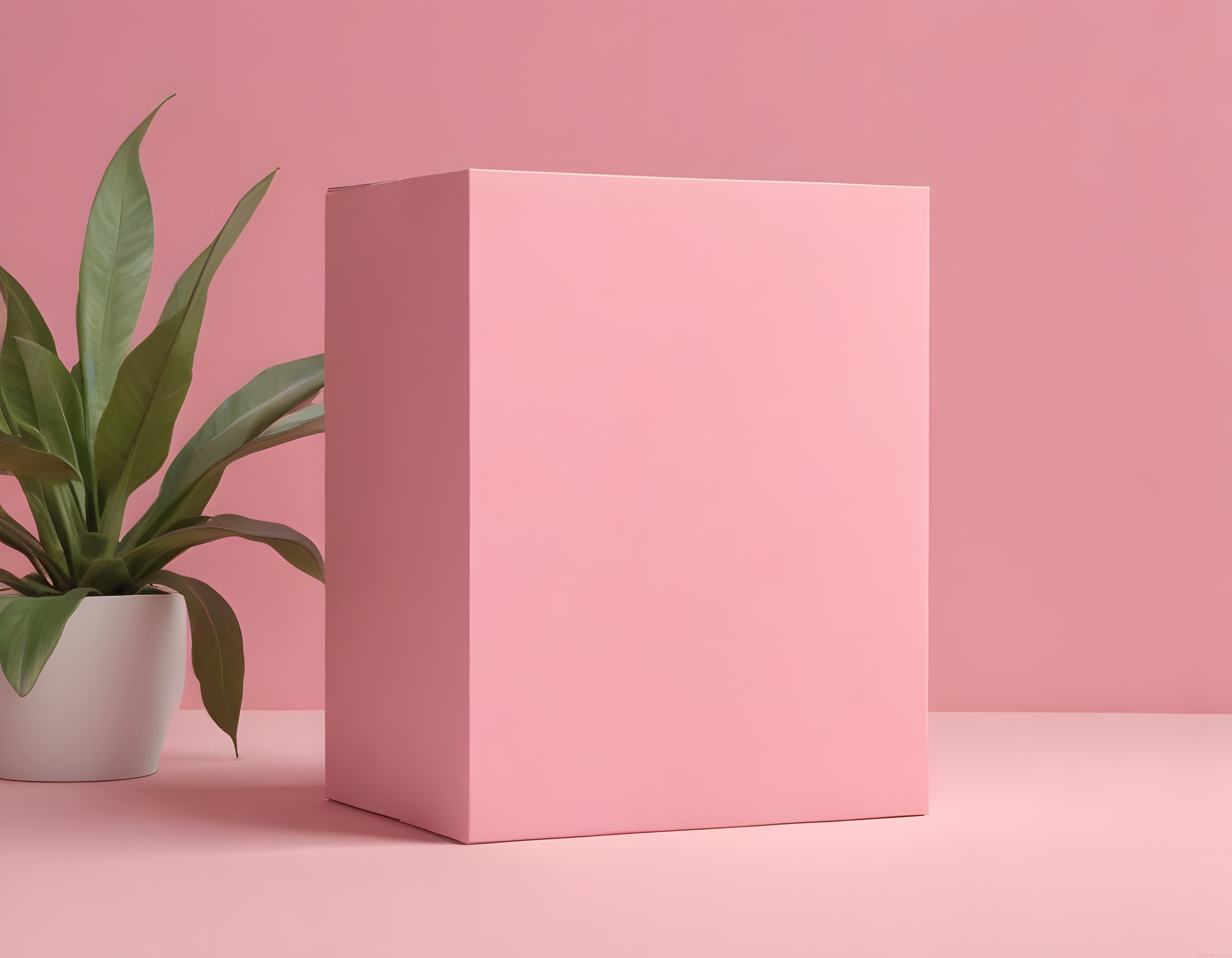 Pembe arka planlı minimal dekorasyon sahnesi yeşil bitki ve geometrik stand