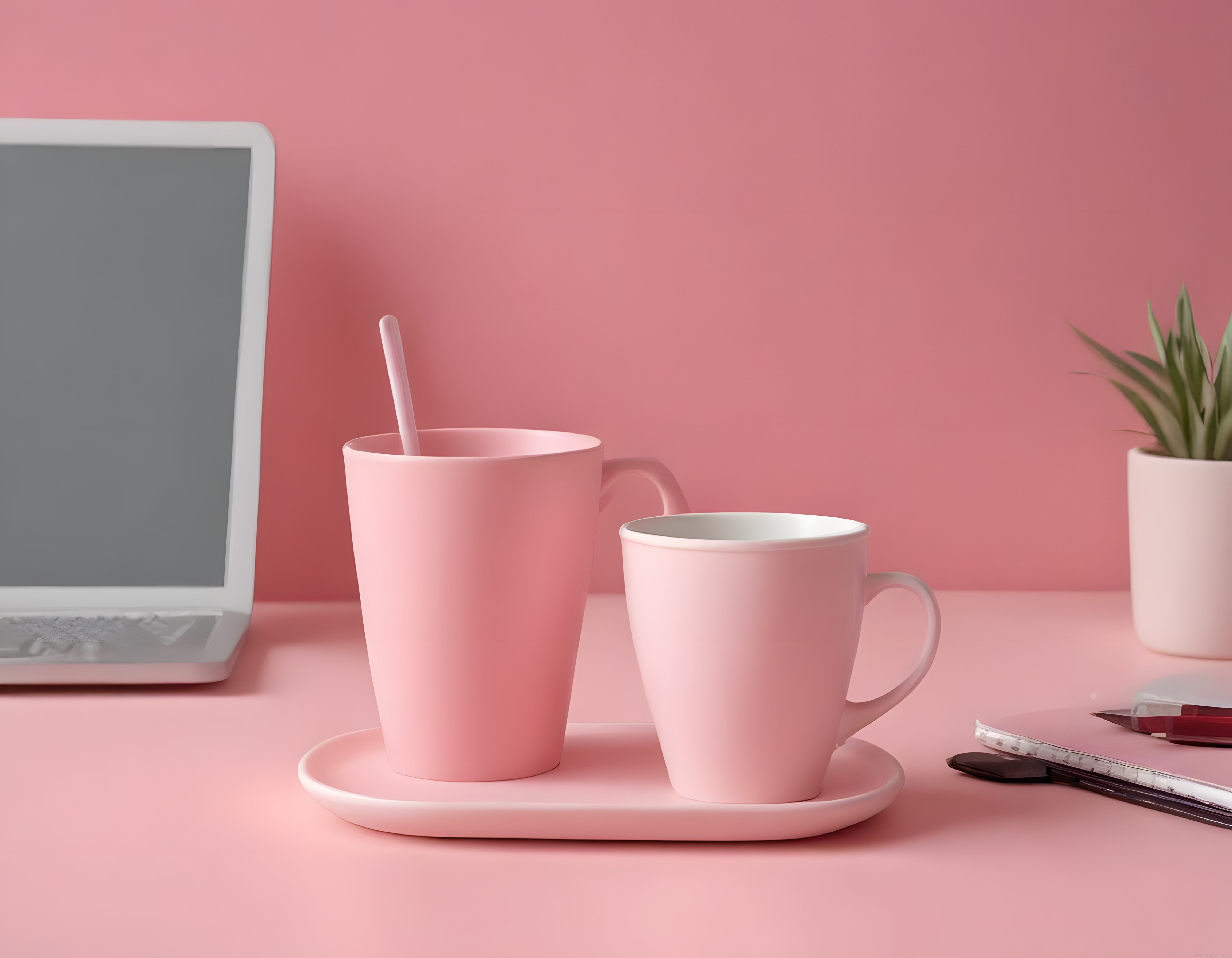 Pembe arka planlı minimalist çalışma masası düzeni, seramik kupalar ve laptop