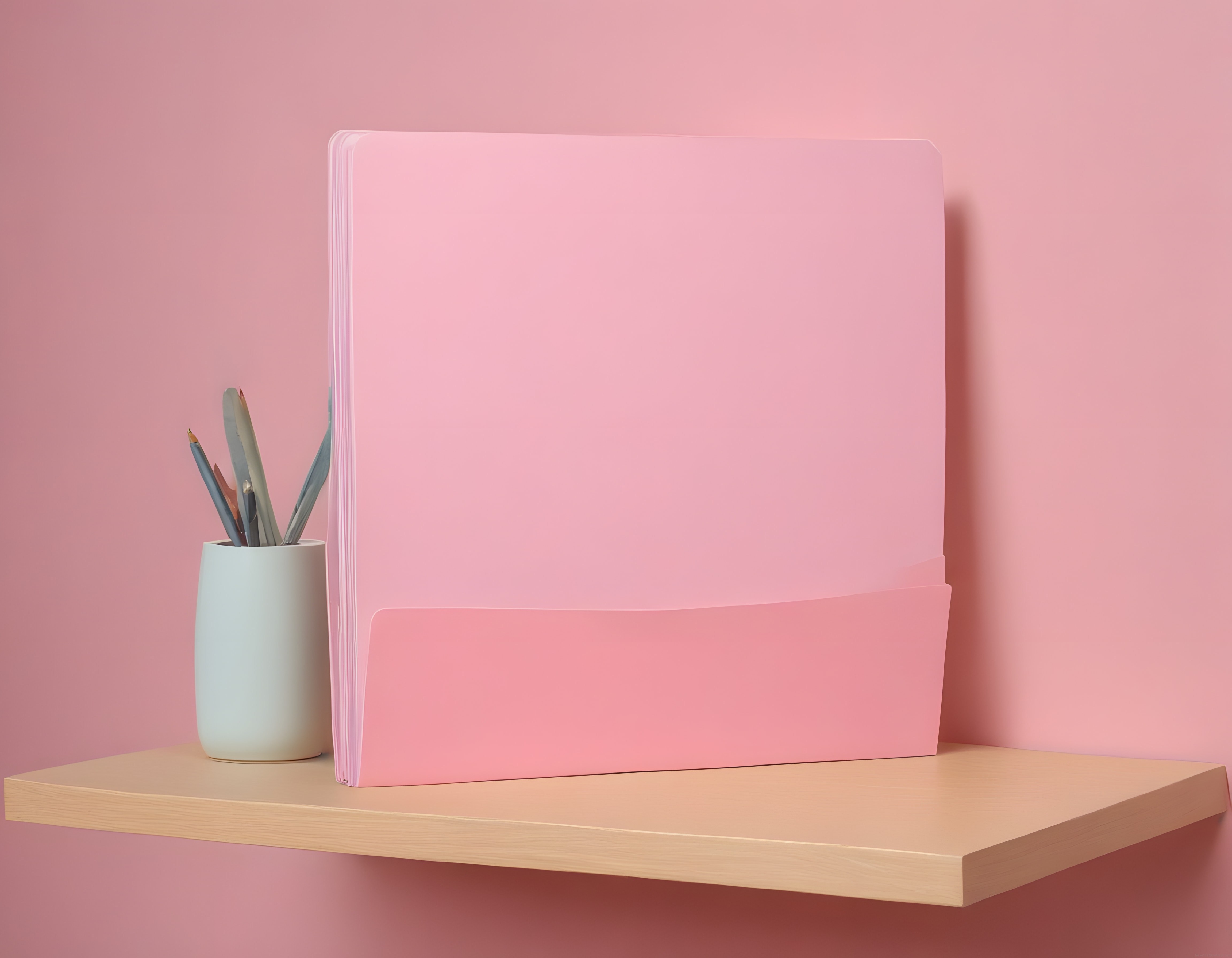Pembe Arka Planlı Minimalist Çalışma Masası Düzeni ve Kırtasiye Organizasyonu