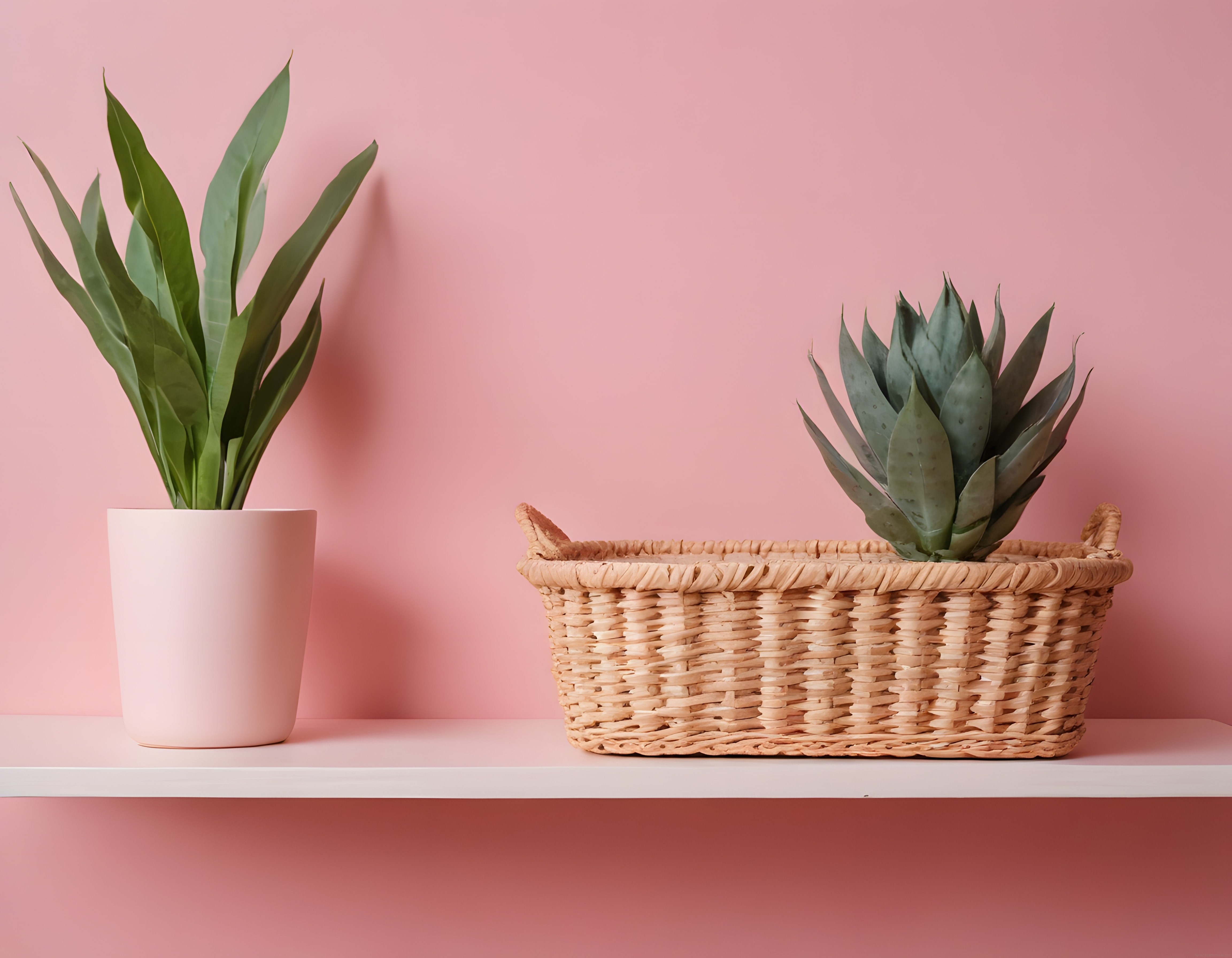 Pembe Arka Planlı Minimalist Dekorasyon ve Saksı Bitki Düzenlemesi