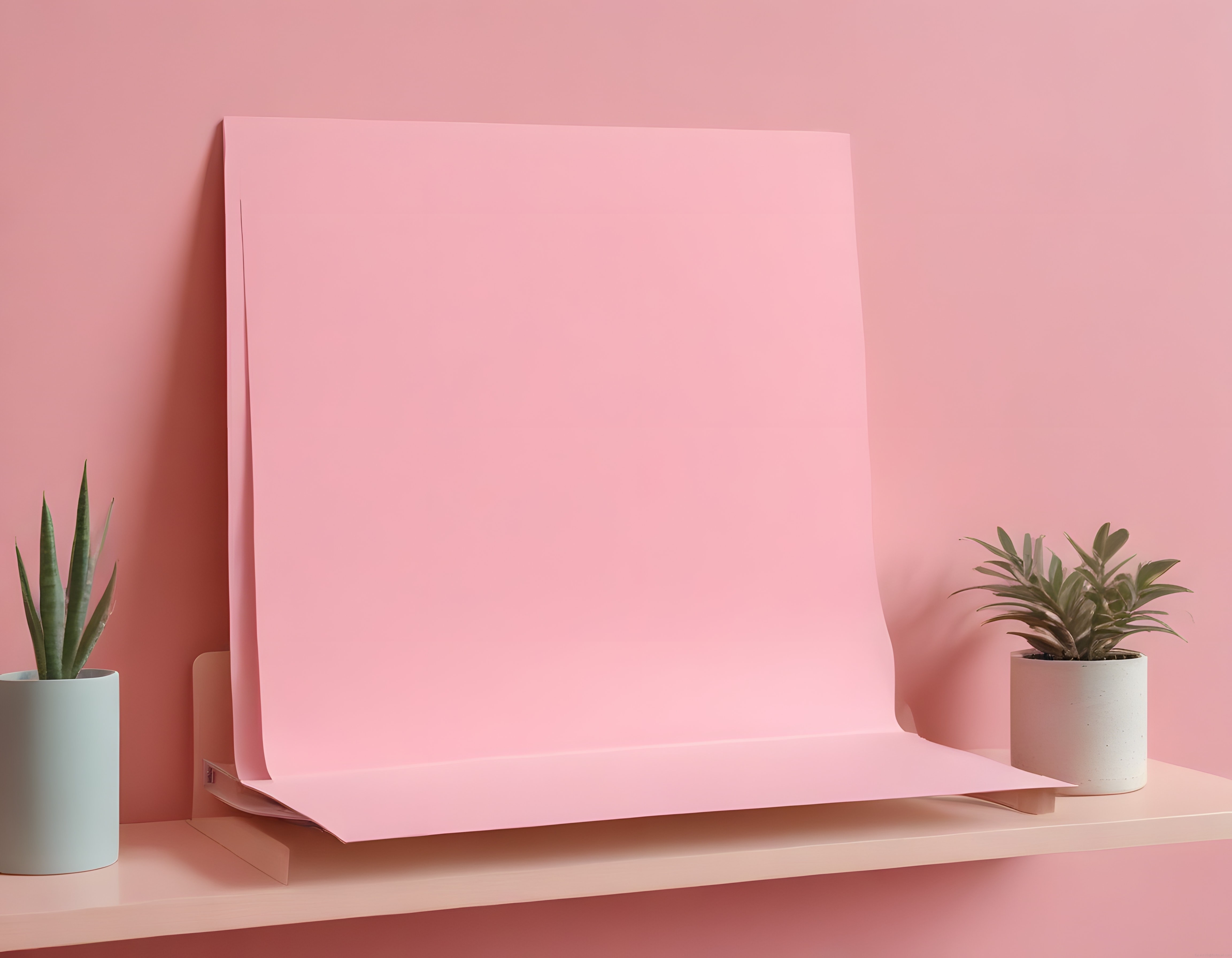 Pembe arka planlı minimalist ürün fotoğrafı çekim seti ve dekoratif bitkiler