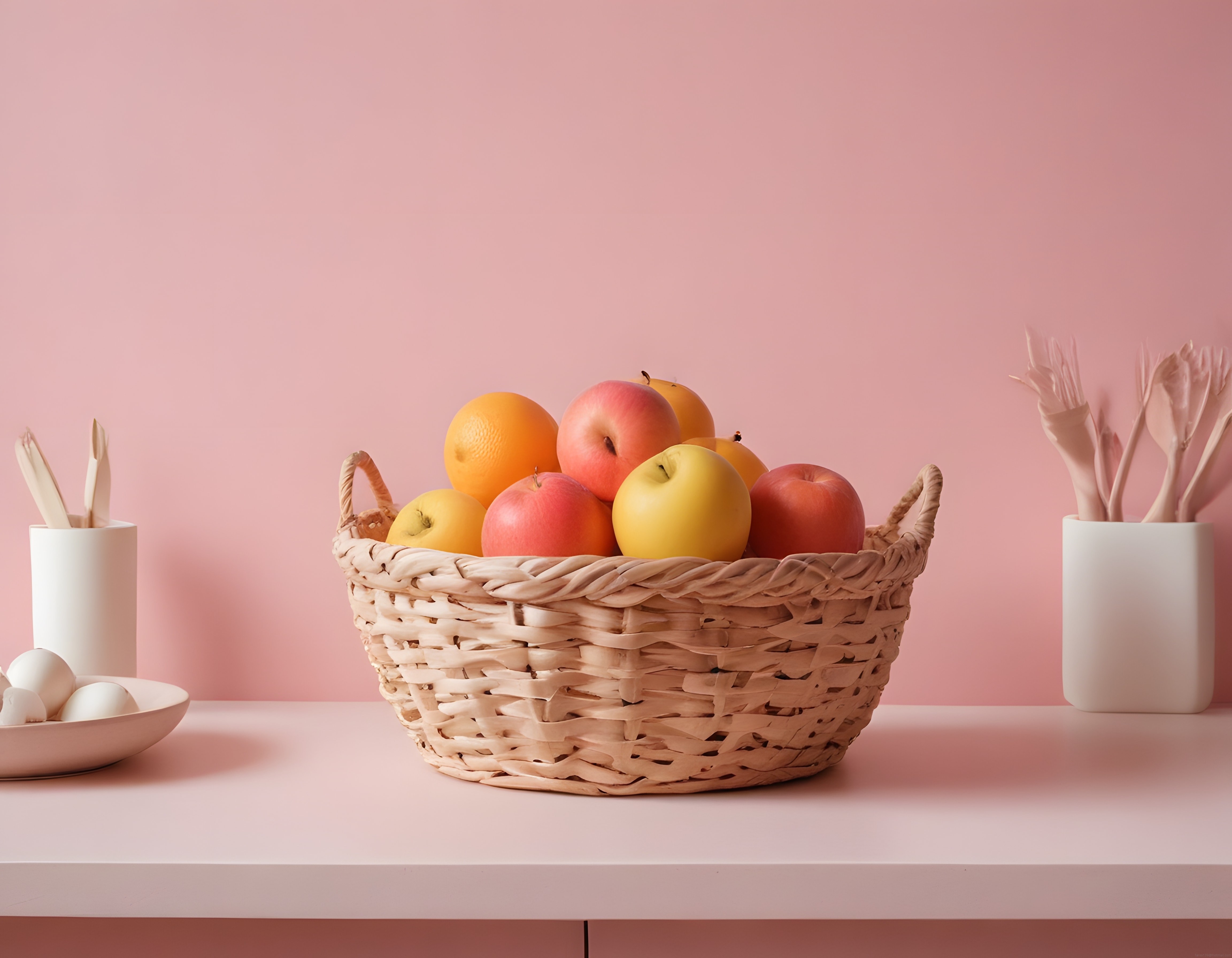 Pembe arka planlı mutfak masasında hasır sepet meyve ve kahvaltılık sunum