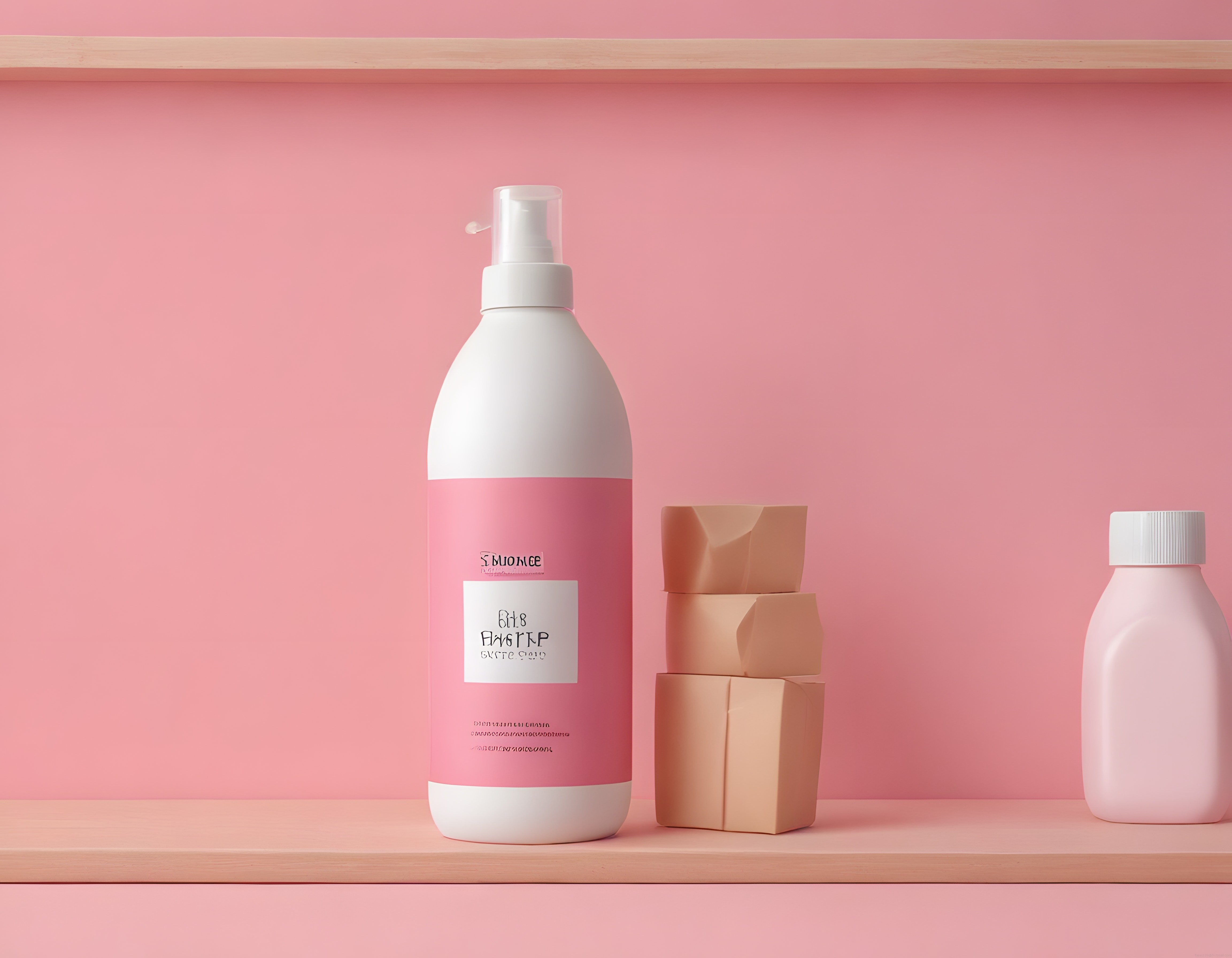Pembe arka planlı rafta minimal kozmetik ürünleri ve dekoratif aksesuarlar