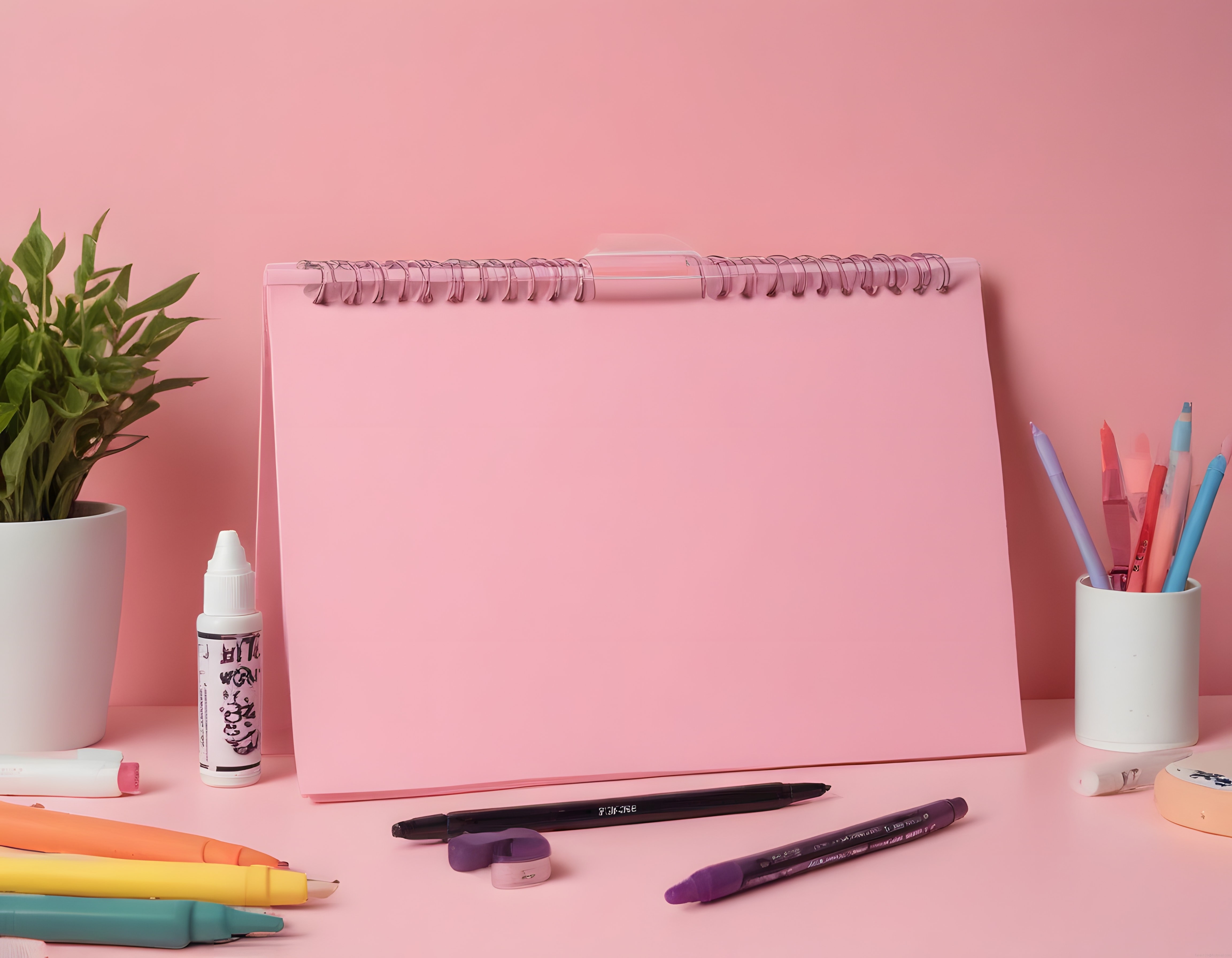 Pembe Arka Planlı Sanat ve Kırtasiye Malzemeleri ile Boş Çizim Defteri