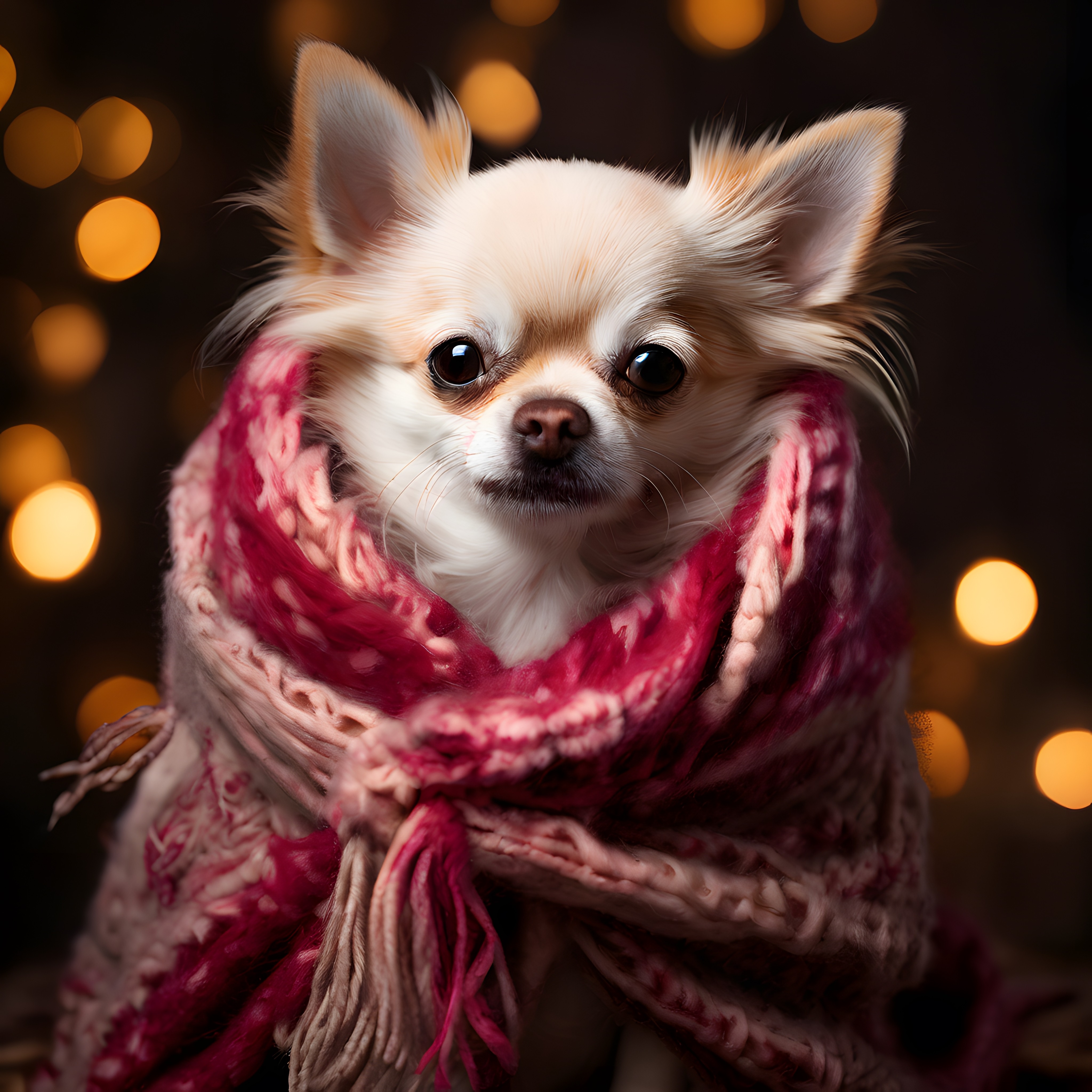 Pembe atkıya sarılmış masum chihuahua köpek portresi ve ışıltılı gece arka planı