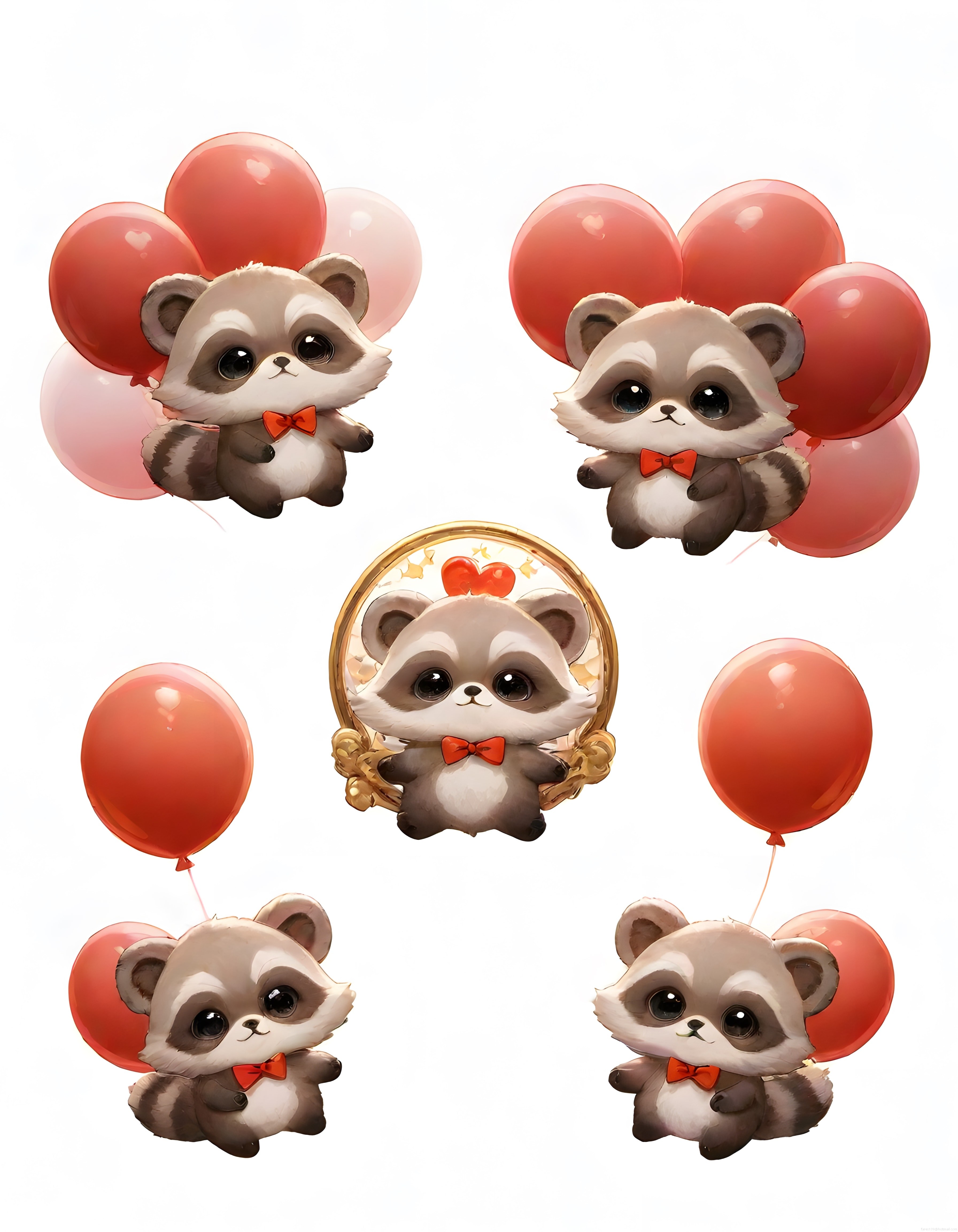 Pembe Balonlarla Uçan Sevimli Bebek Rakunlar Sevimli Kawaii Sticker Seti