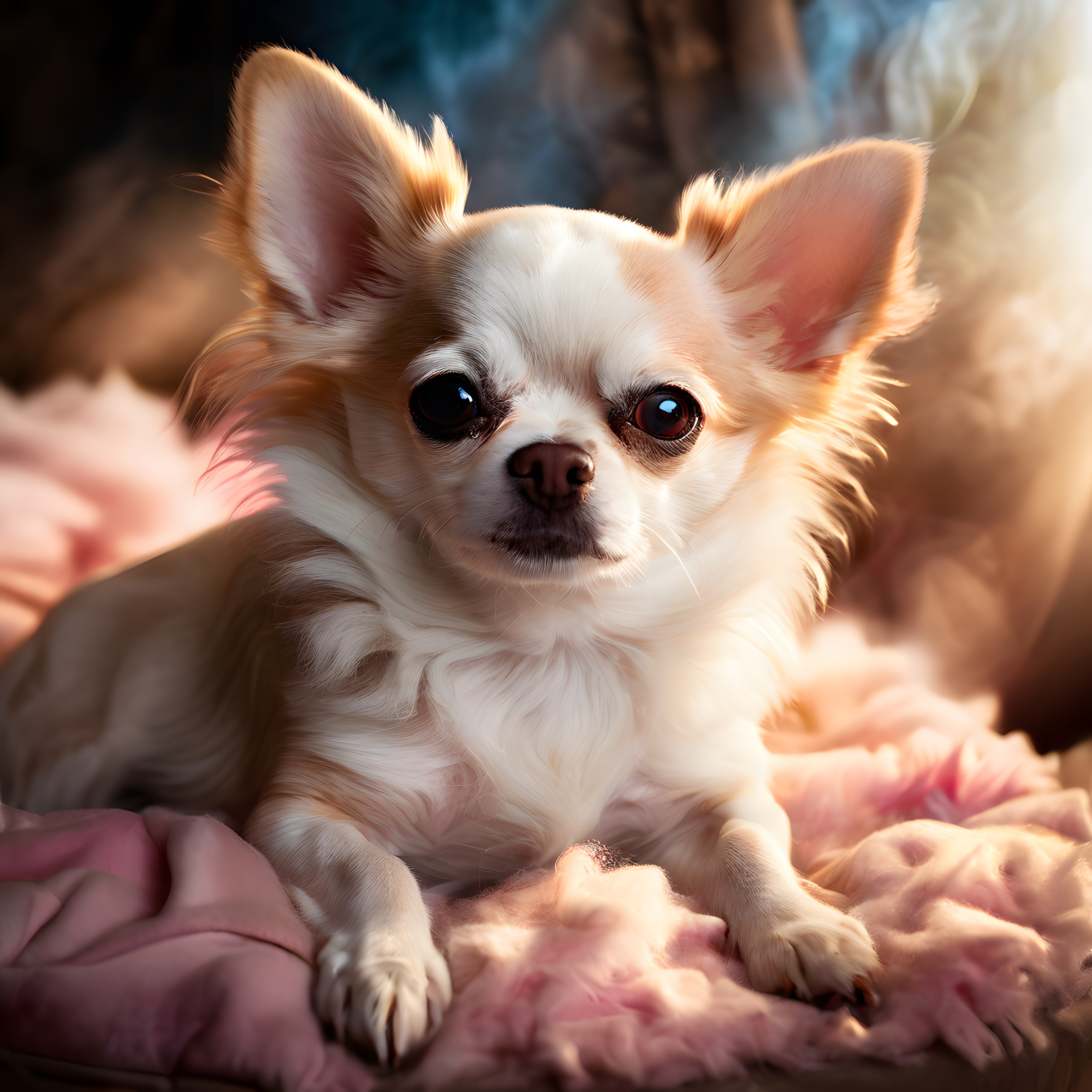 Pembe Battaniyede Yatan Sevimli Chihuahua Köpeğin Dramatik Işıklı Portresi