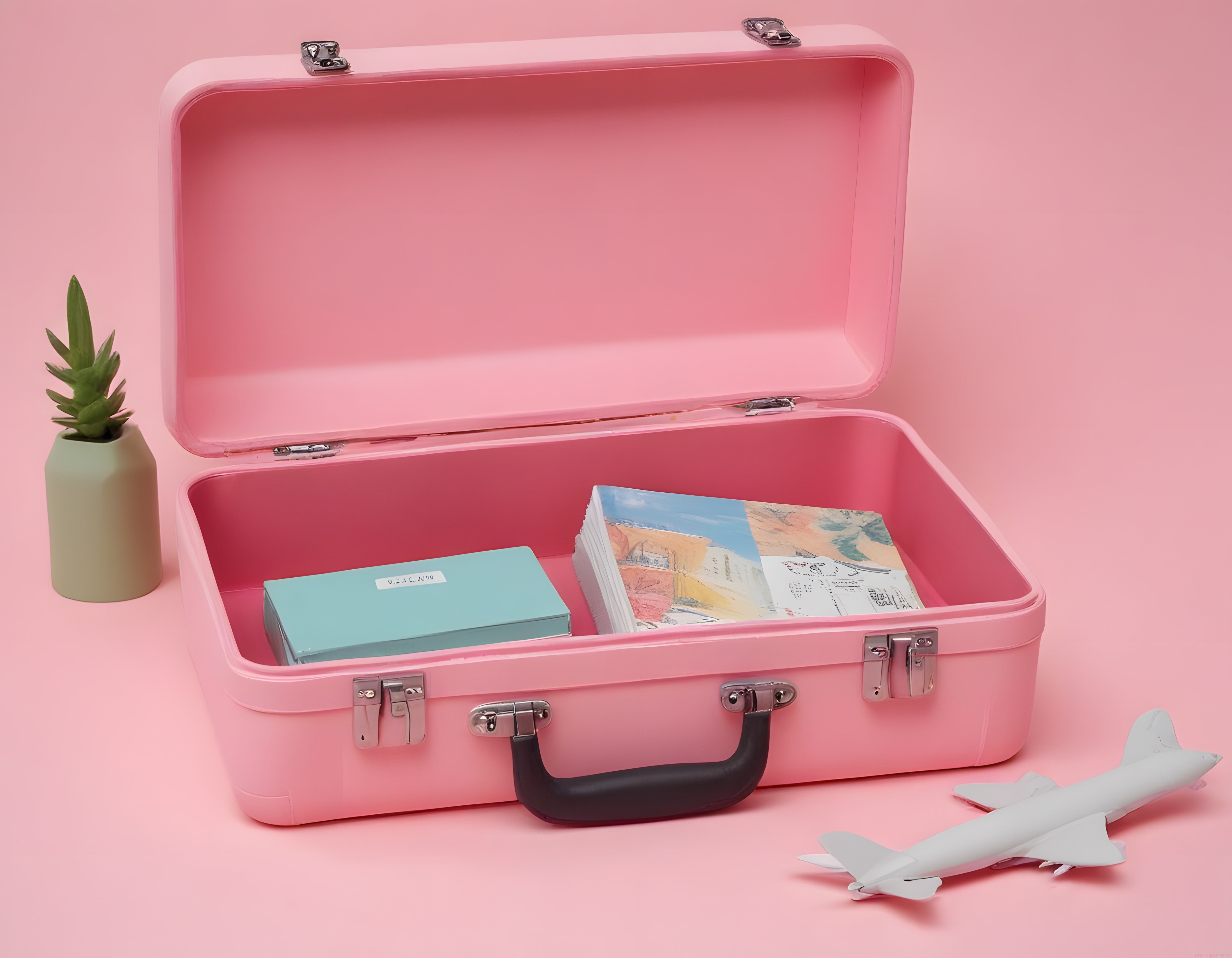 Pembe bavulda seyahat hatıraları ve kartpostallar ile retro tatil konsepti