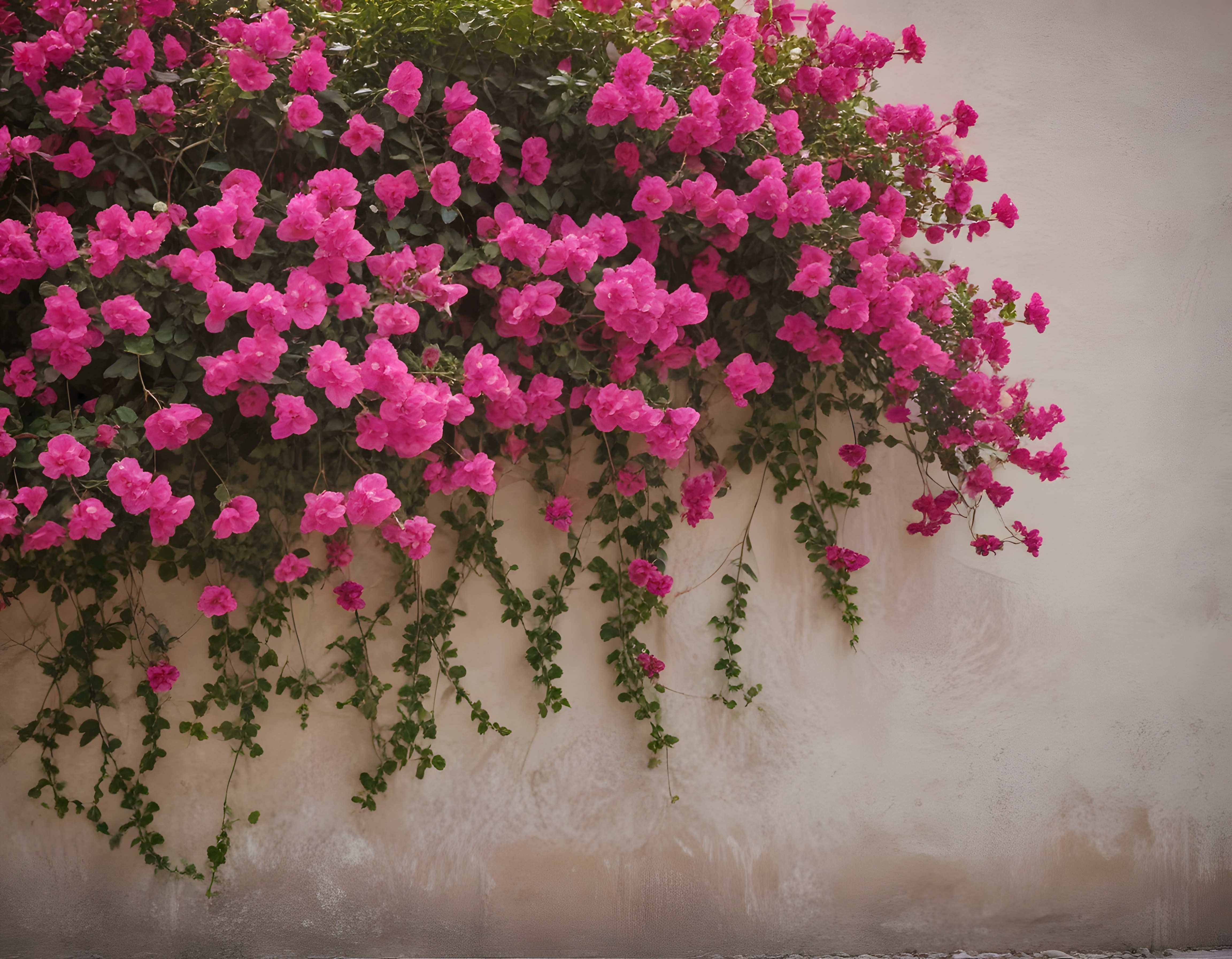 Pembe begonvillerle süslenmiş eski bir duvarın huzurlu ve romantik atmosferi