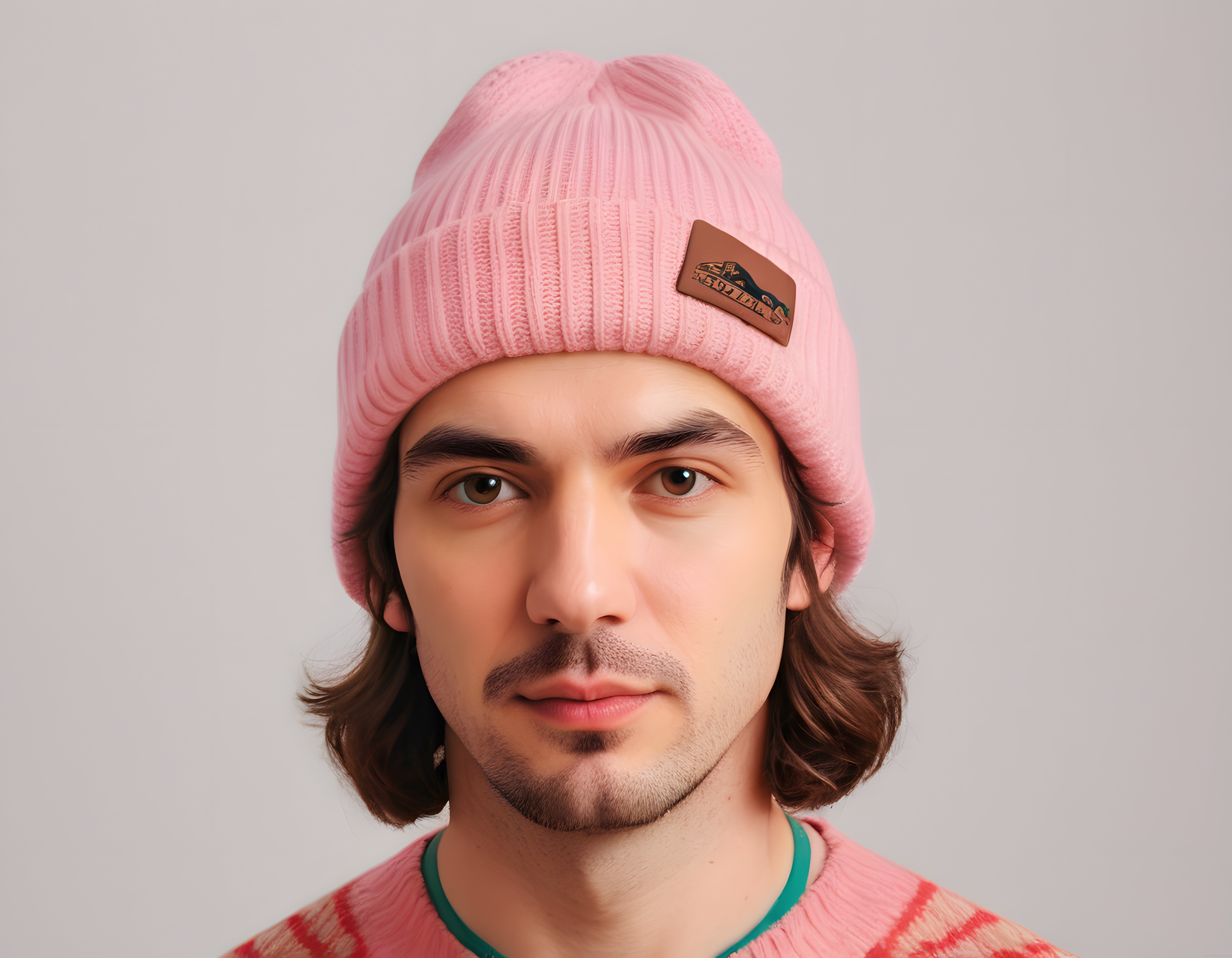 Pembe Bere ve Desenli Kazakla Modern Kış Kombini Sunan Genç Erkek Portresi