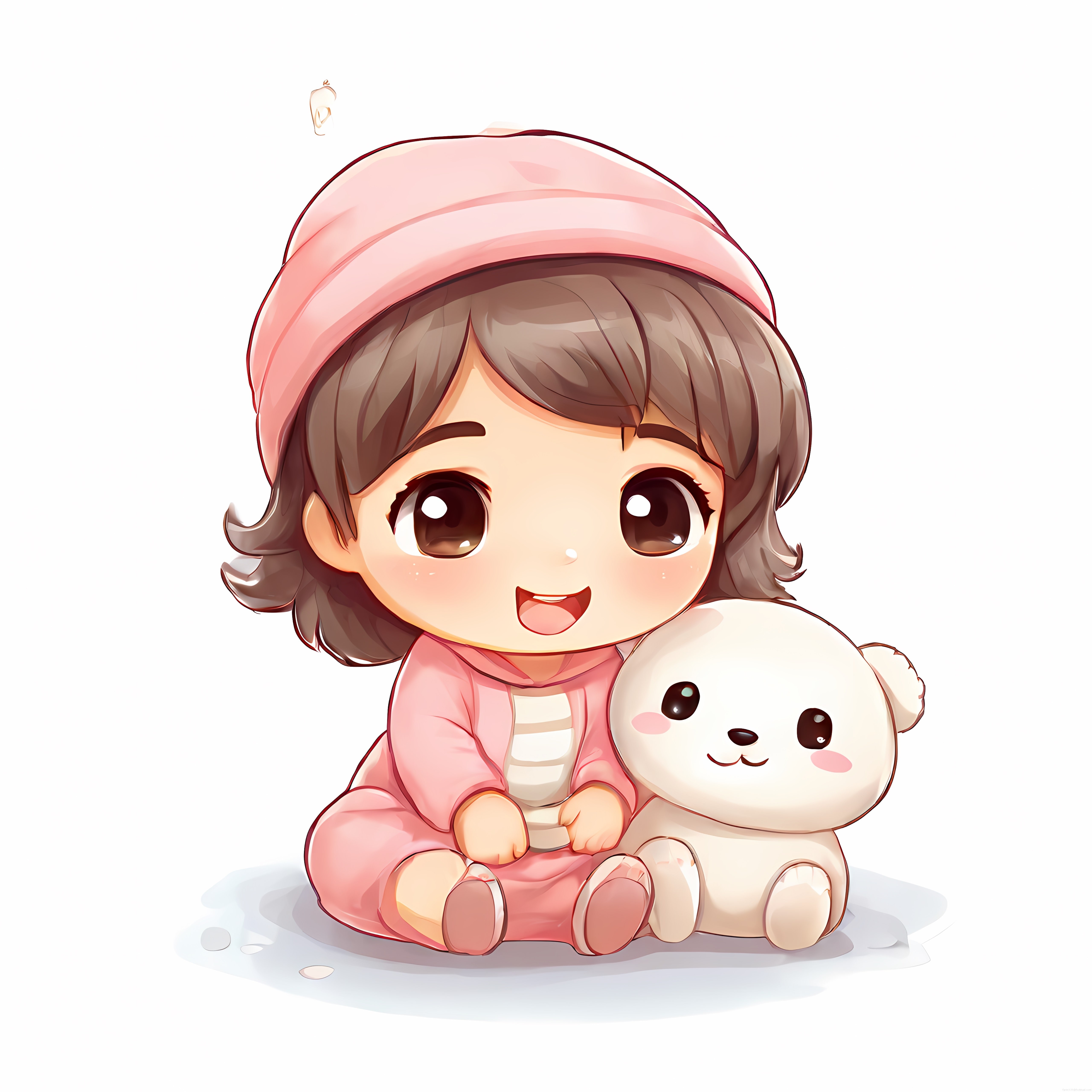 Pembe Bereli Sevimli Chibi Kız ve Beyaz Oyuncak Ayı ile Masum An