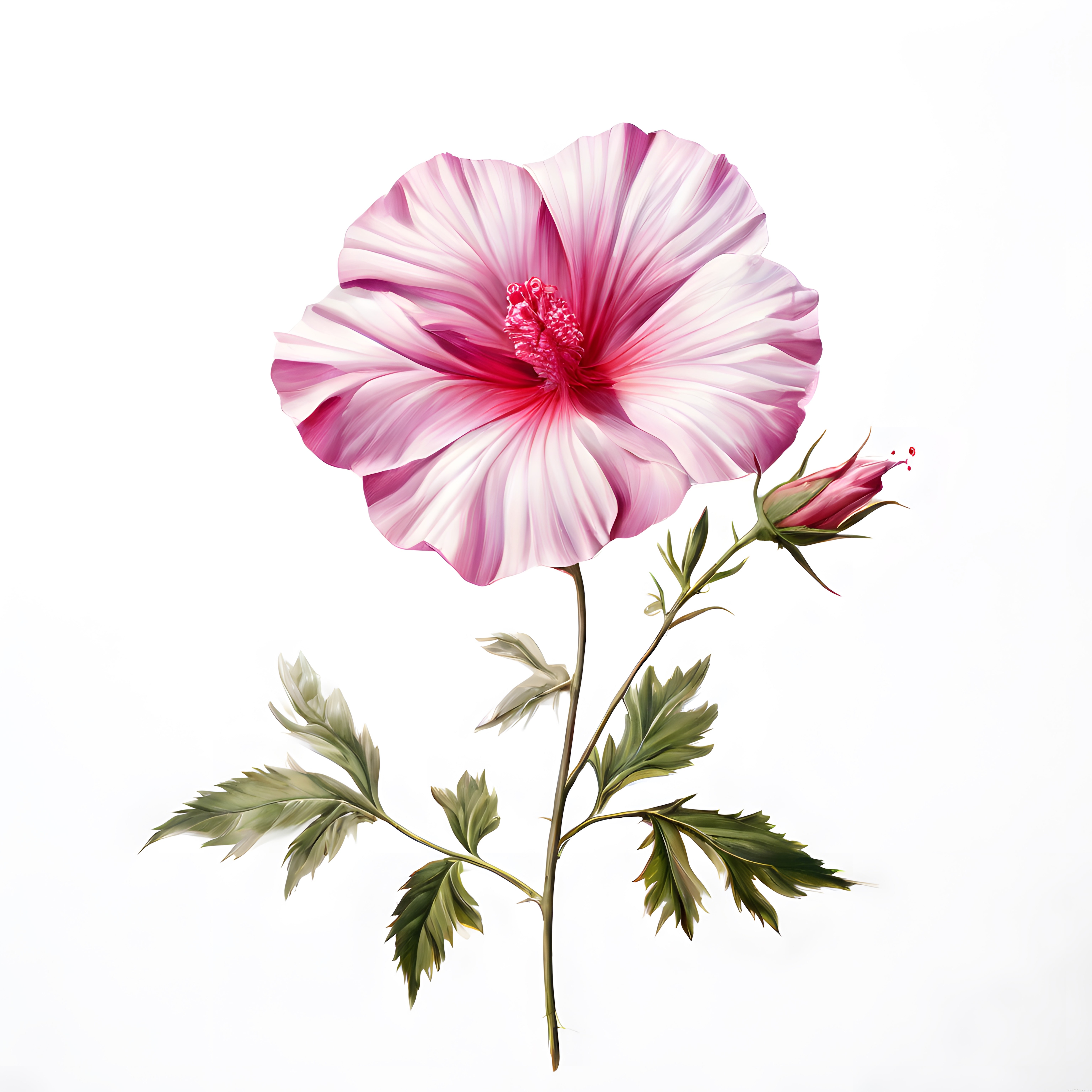Pembe Beyaz Çizgili Hibiscus Çiçeği Botanik Dijital Sanat İllüstrasyonu