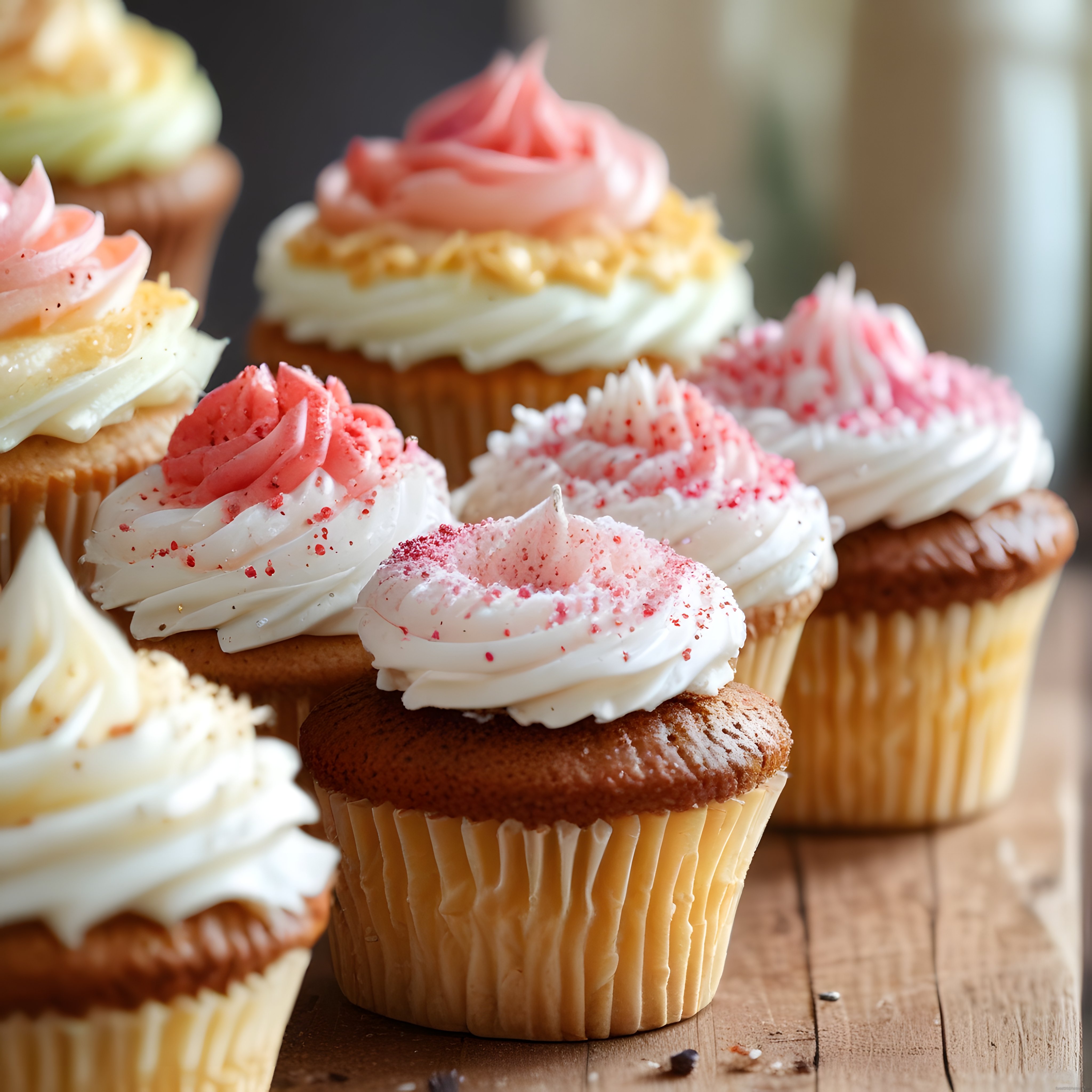 Pembe Beyaz Krema Süslü Cupcake'ler Rustik Ahşap Masada Lezzet Sunumu