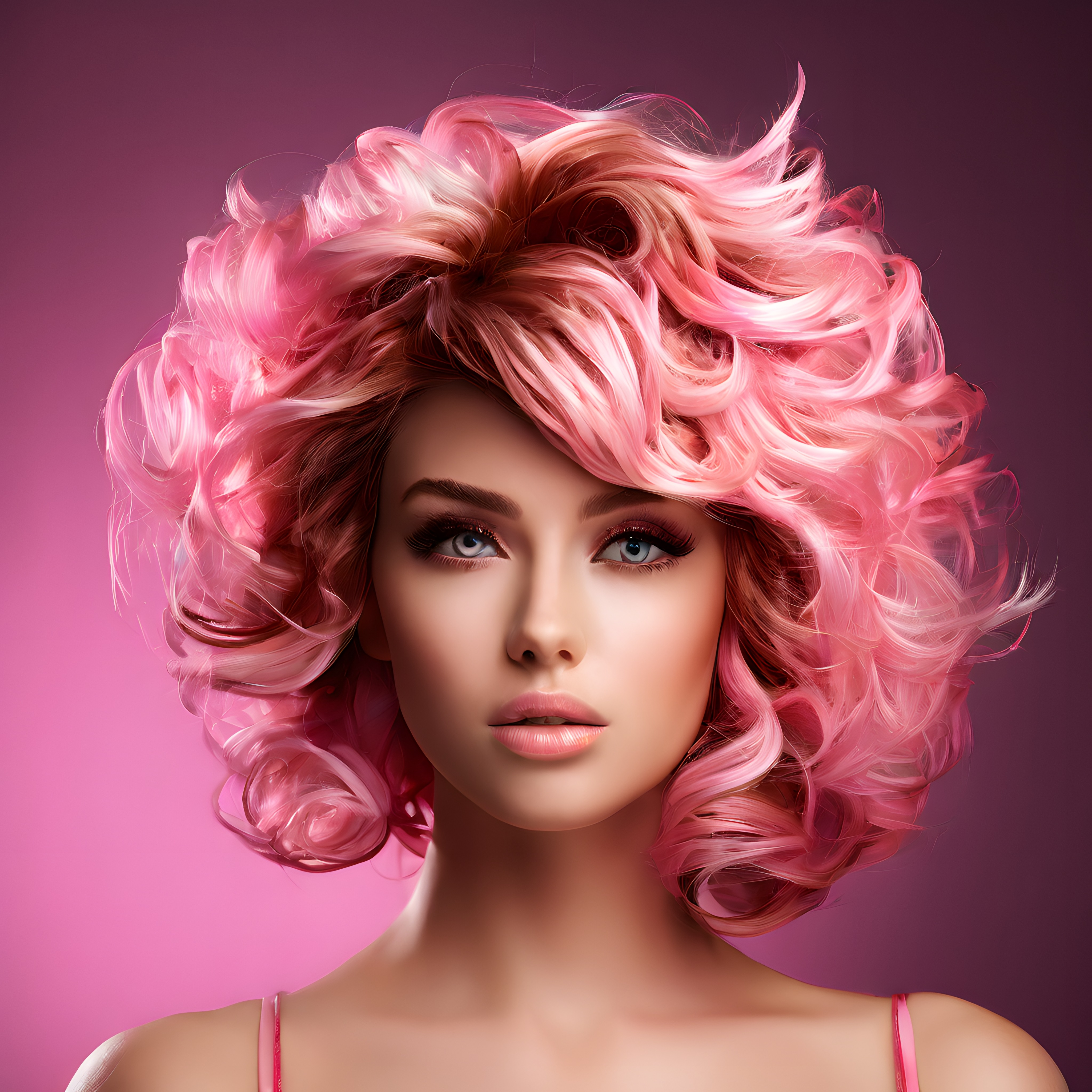 Pembe beyaz ombreli kabarık kıvırcık saç modeli ve canlı makyajlı güzellik portresi