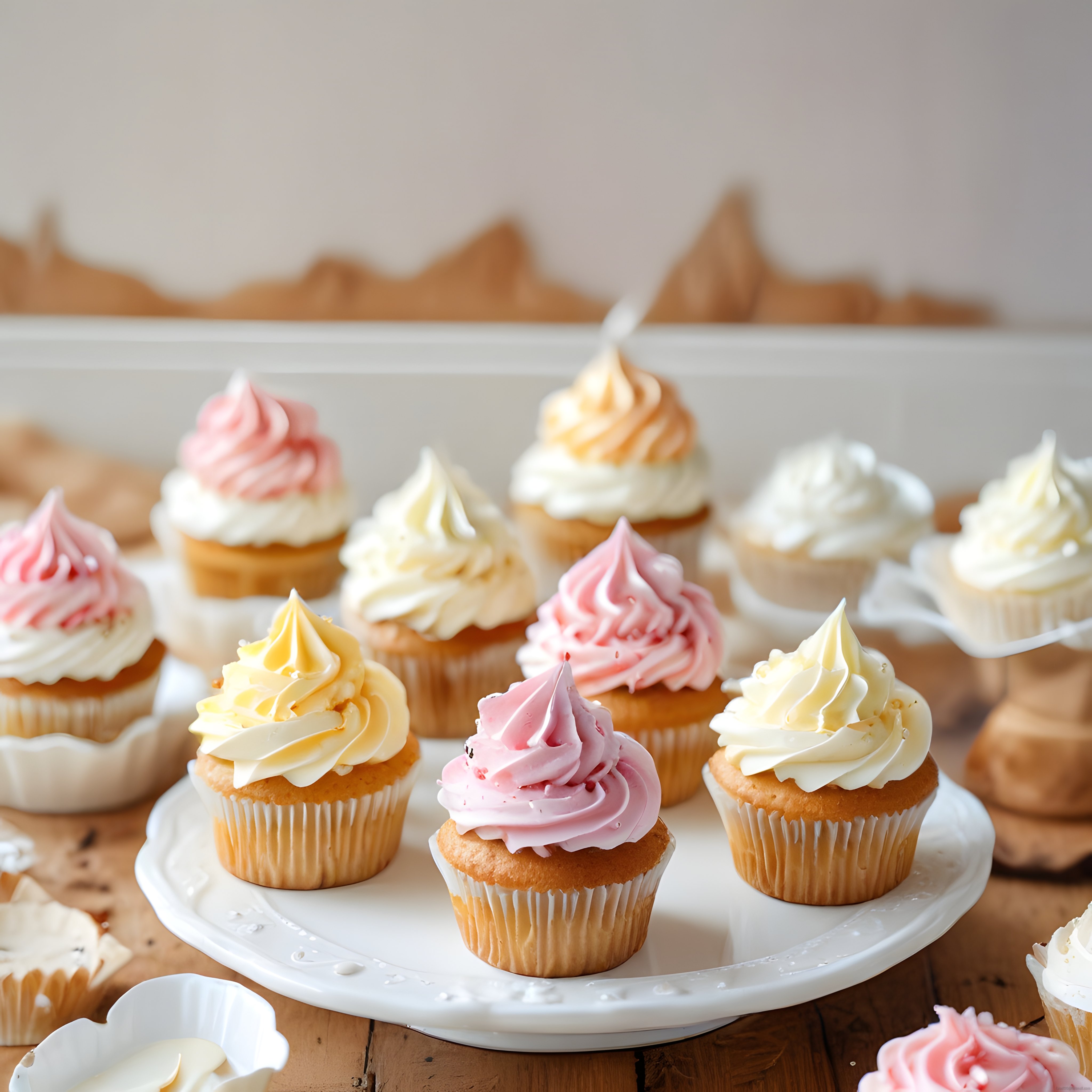 Pembe, Beyaz ve Sarı Krema Süslü Cupcake'ler Sunum Standında