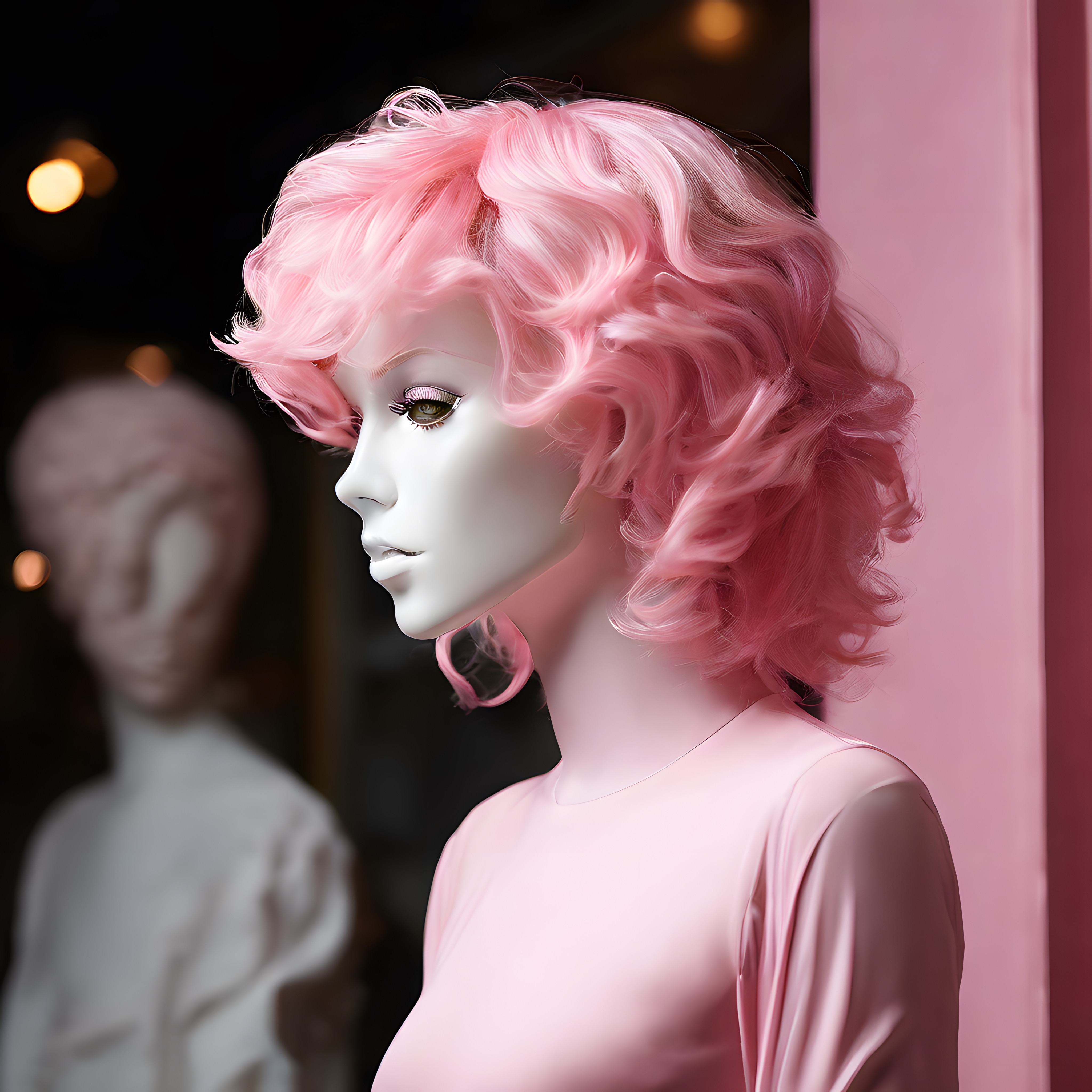 Pembe Bukleli Saçlı Maneken ve Saten Elbise ile Lüks Butik Vitrin Çekimi