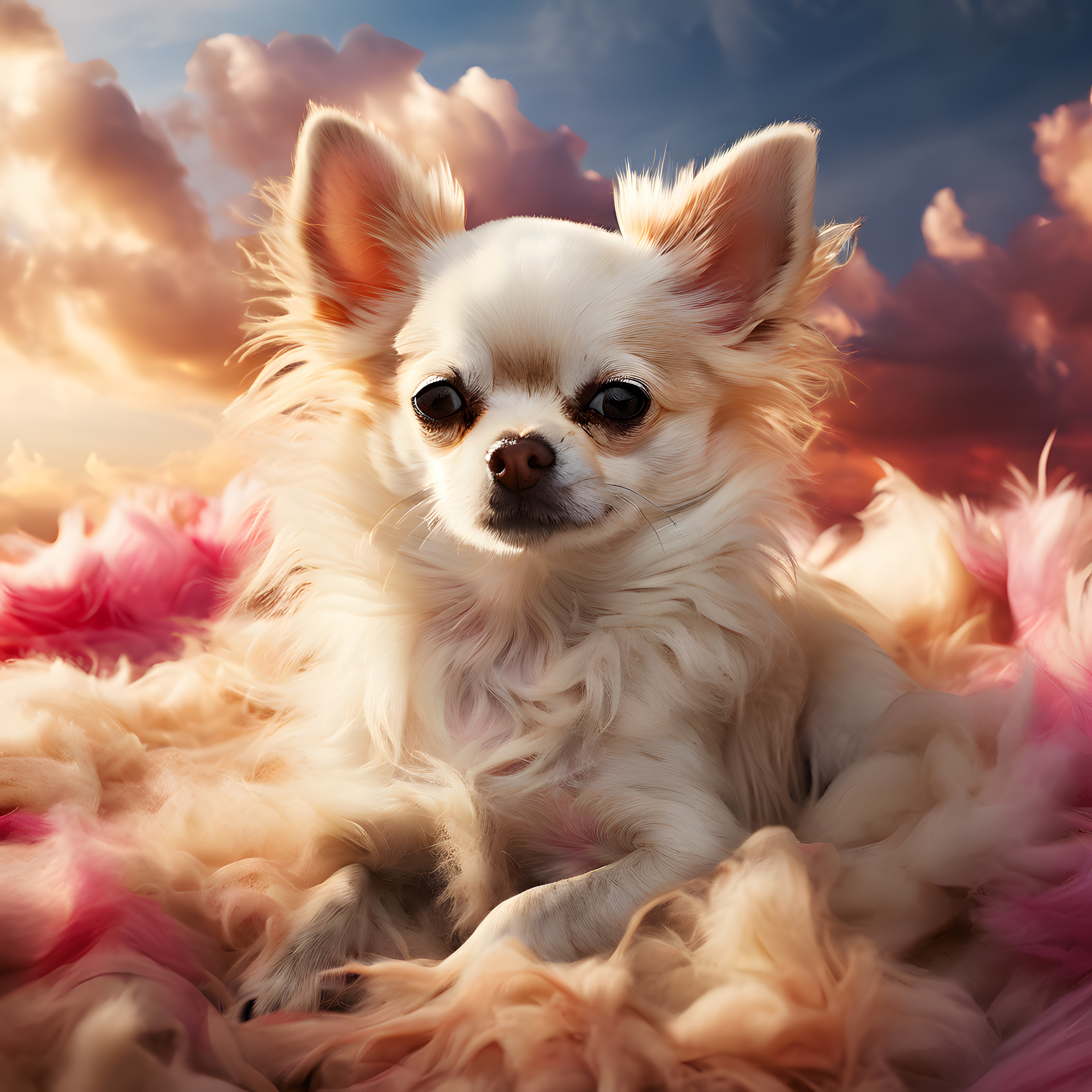 Pembe Bulutlar Üzerinde Oturan Sevimli Beyaz Chihuahua Köpeği