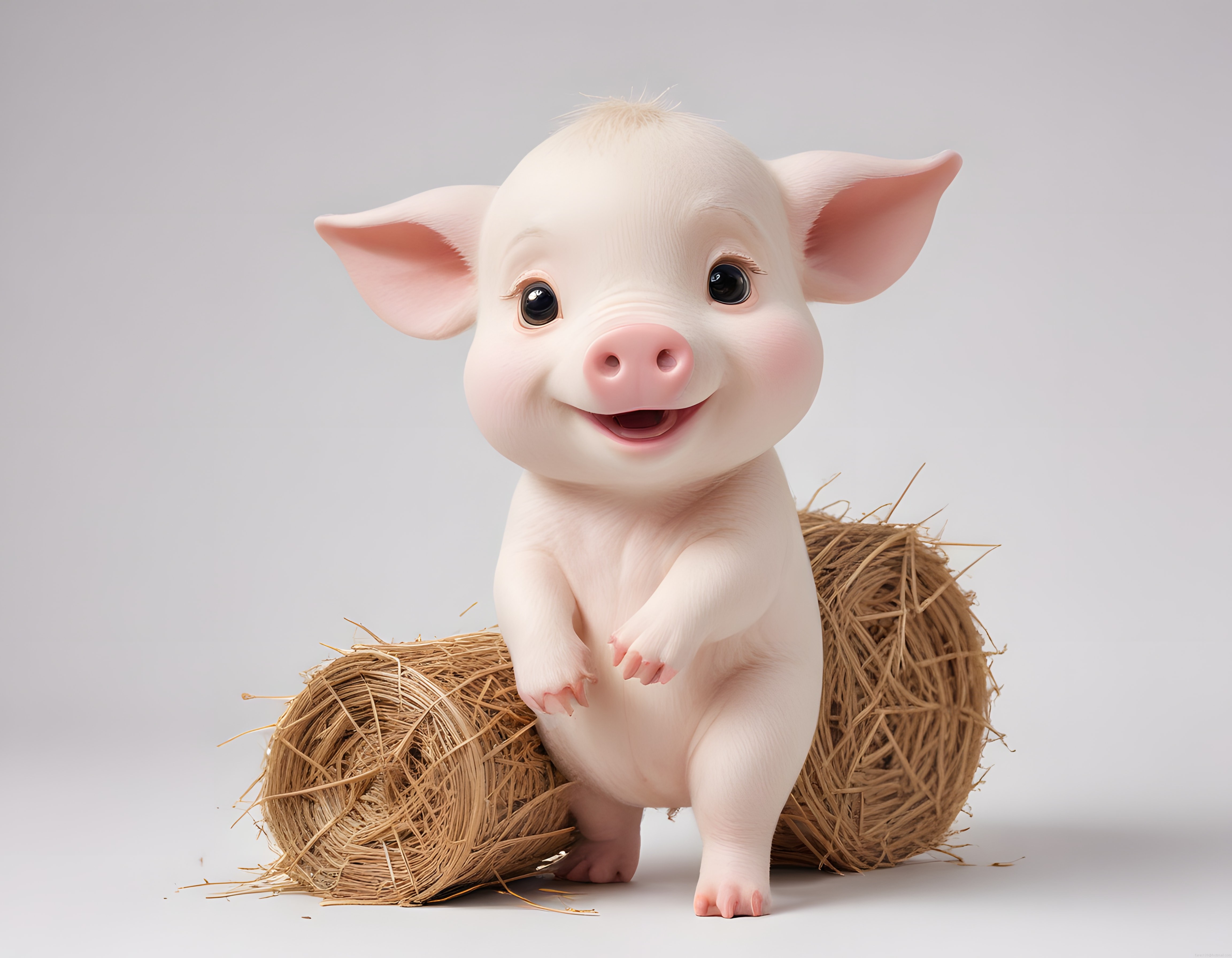 Pembe Burnuyla Gülümseyen Sevimli 3D Domuz Yavrusu Saman Balyasında