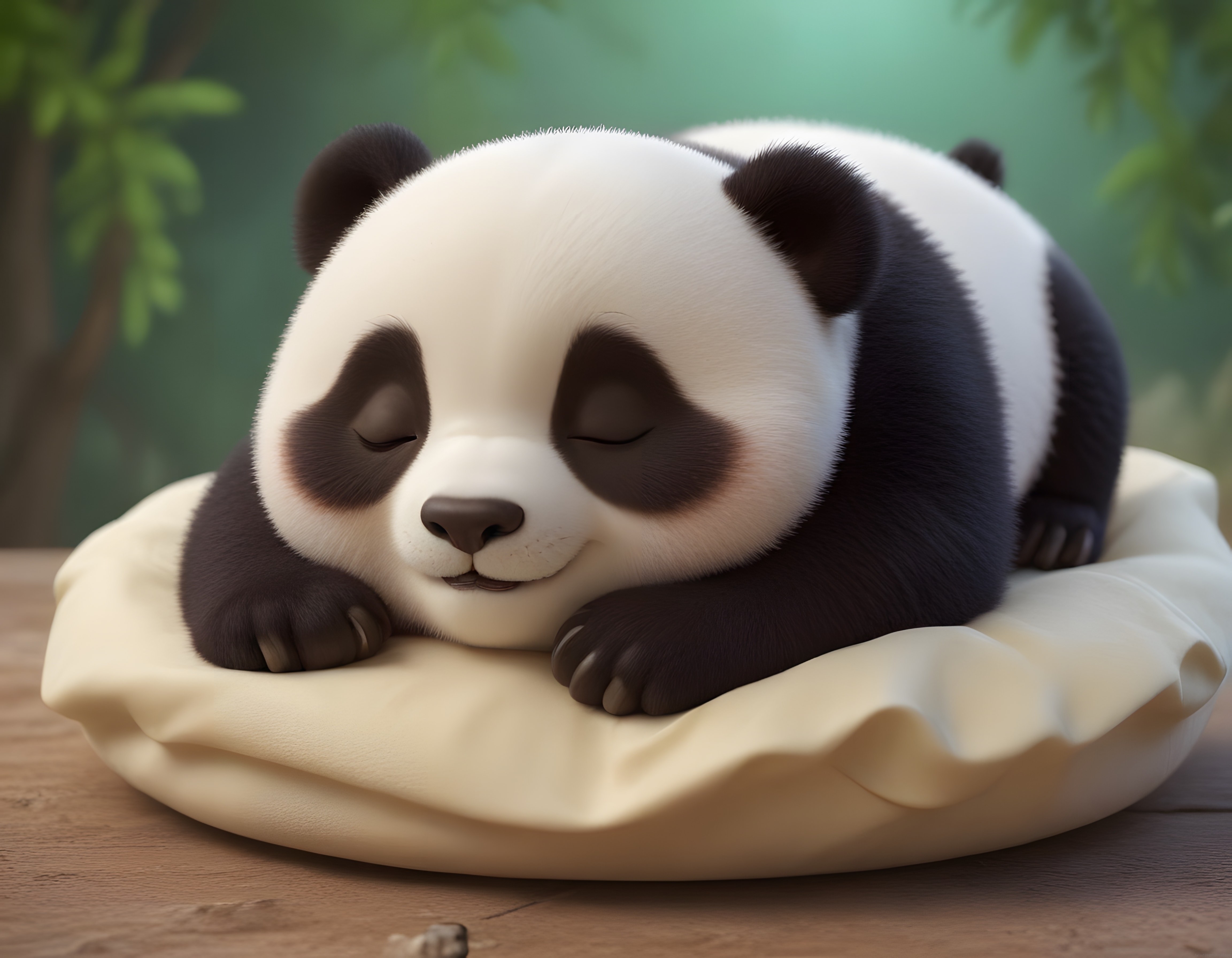 Pembe burnuyla yastıkta huzurla uyuyan sevimli panda yavrusu 3d animasyon