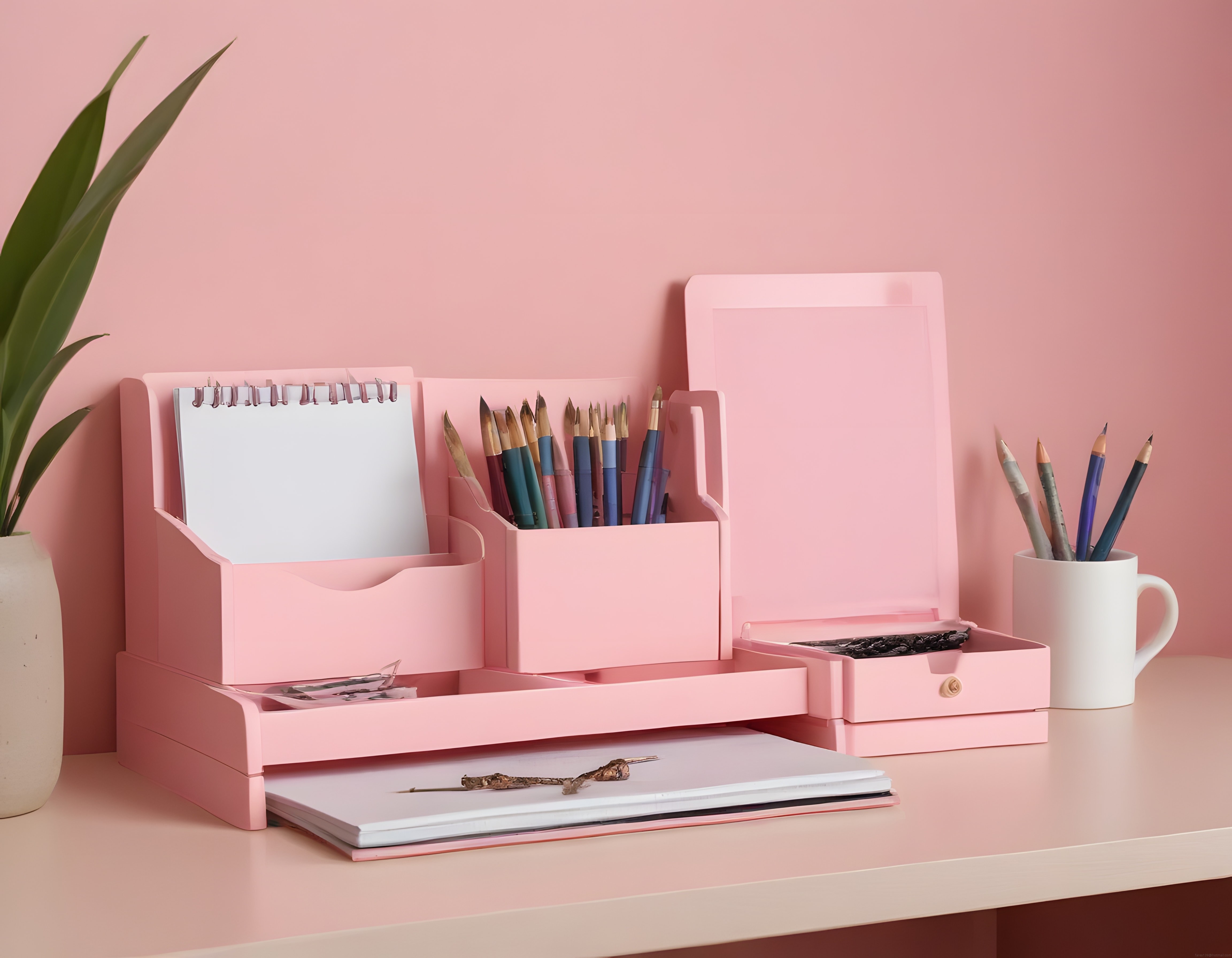 Pembe Çalışma Masası Dekoru: Organizer, Notluk ve Fırçalık ile Şık Düzen