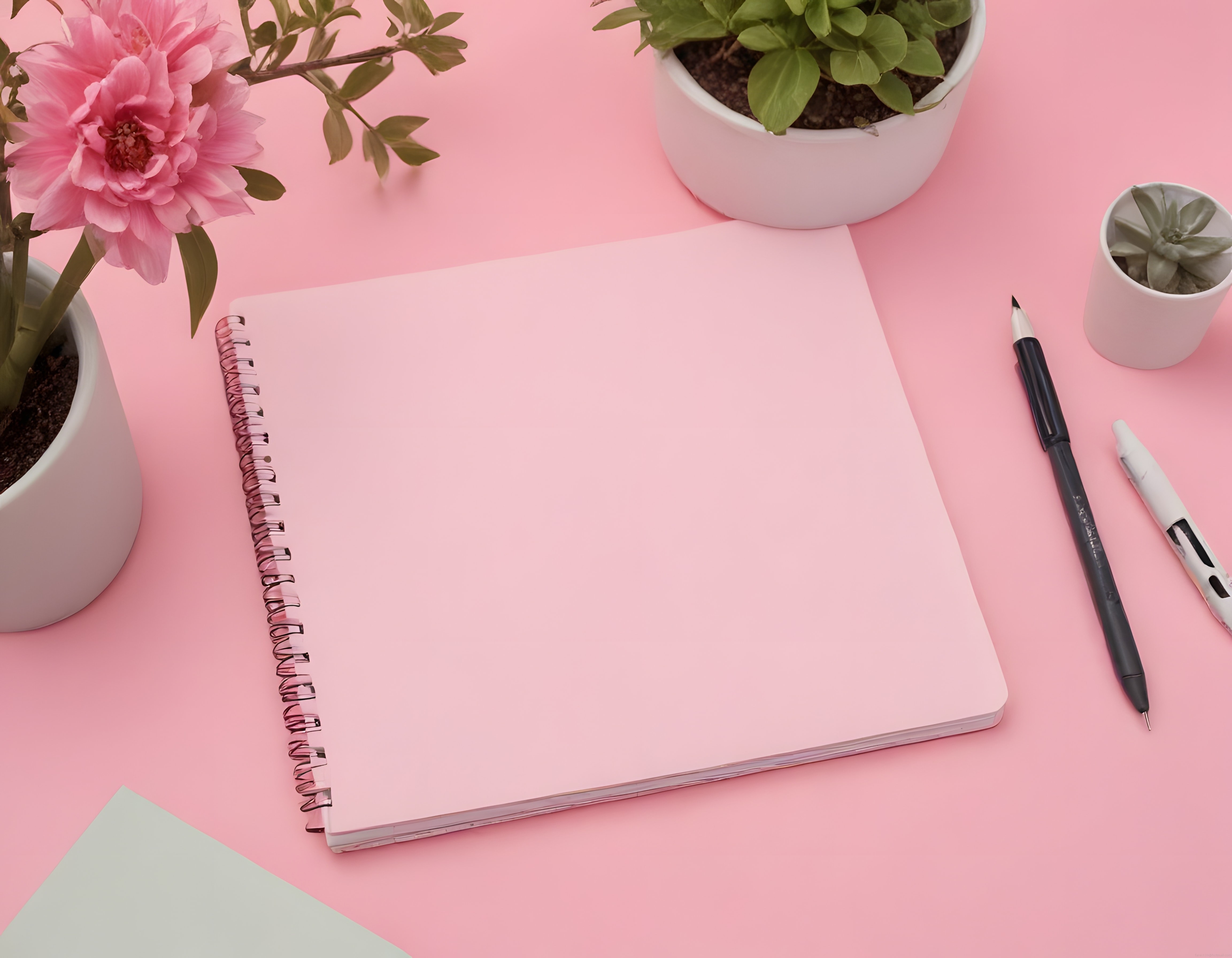 Pembe Çalışma Masası Düzeni: Defter, Kalem ve Sakin Ofis Atmosferi
