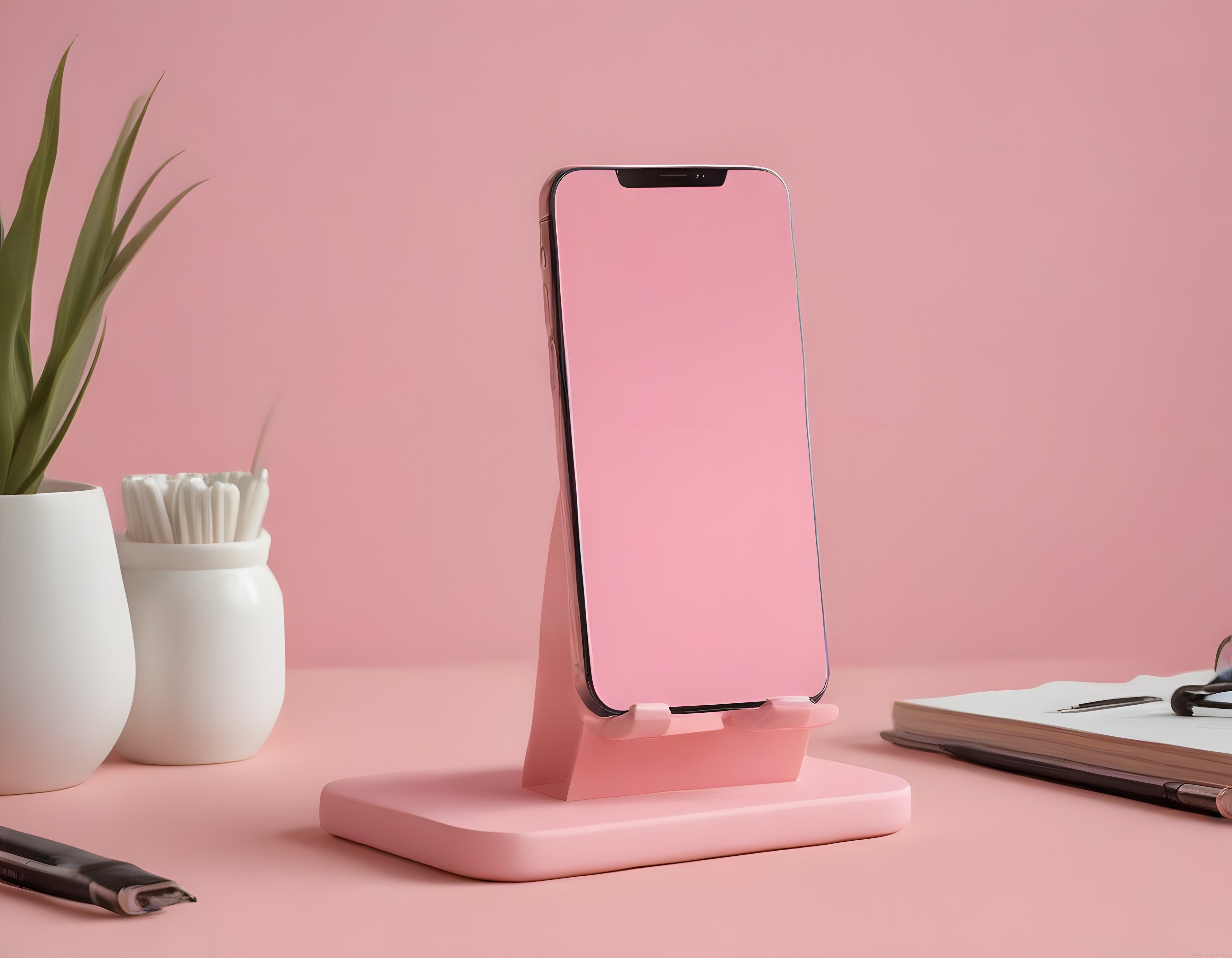 Pembe Çalışma Ortamında Stand Üzerindeki Akıllı Telefon ve Masa Dekoru