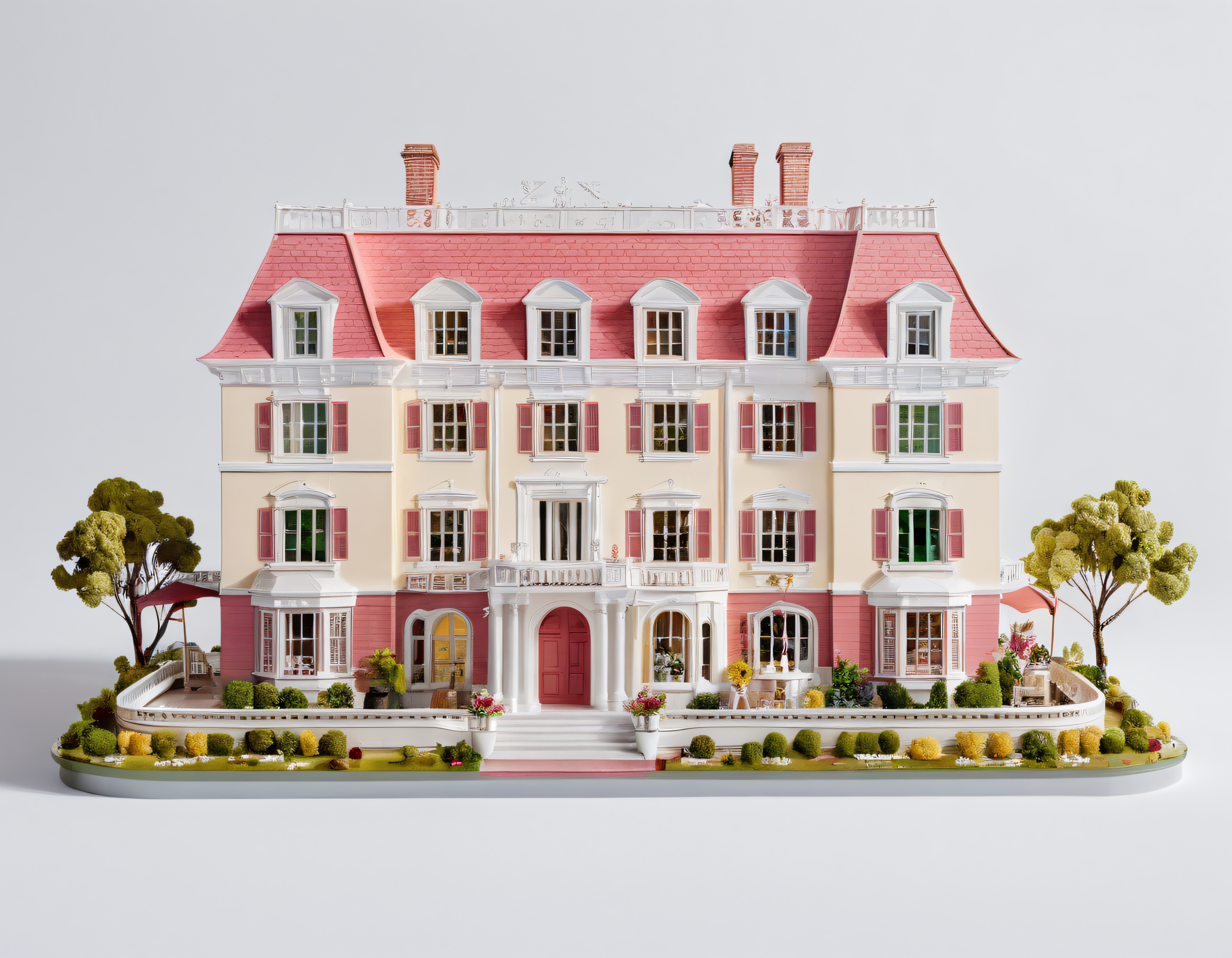 Pembe Çatılı Viktoryen Tarzı Minyatür Köşk ve Bahçe Modeli