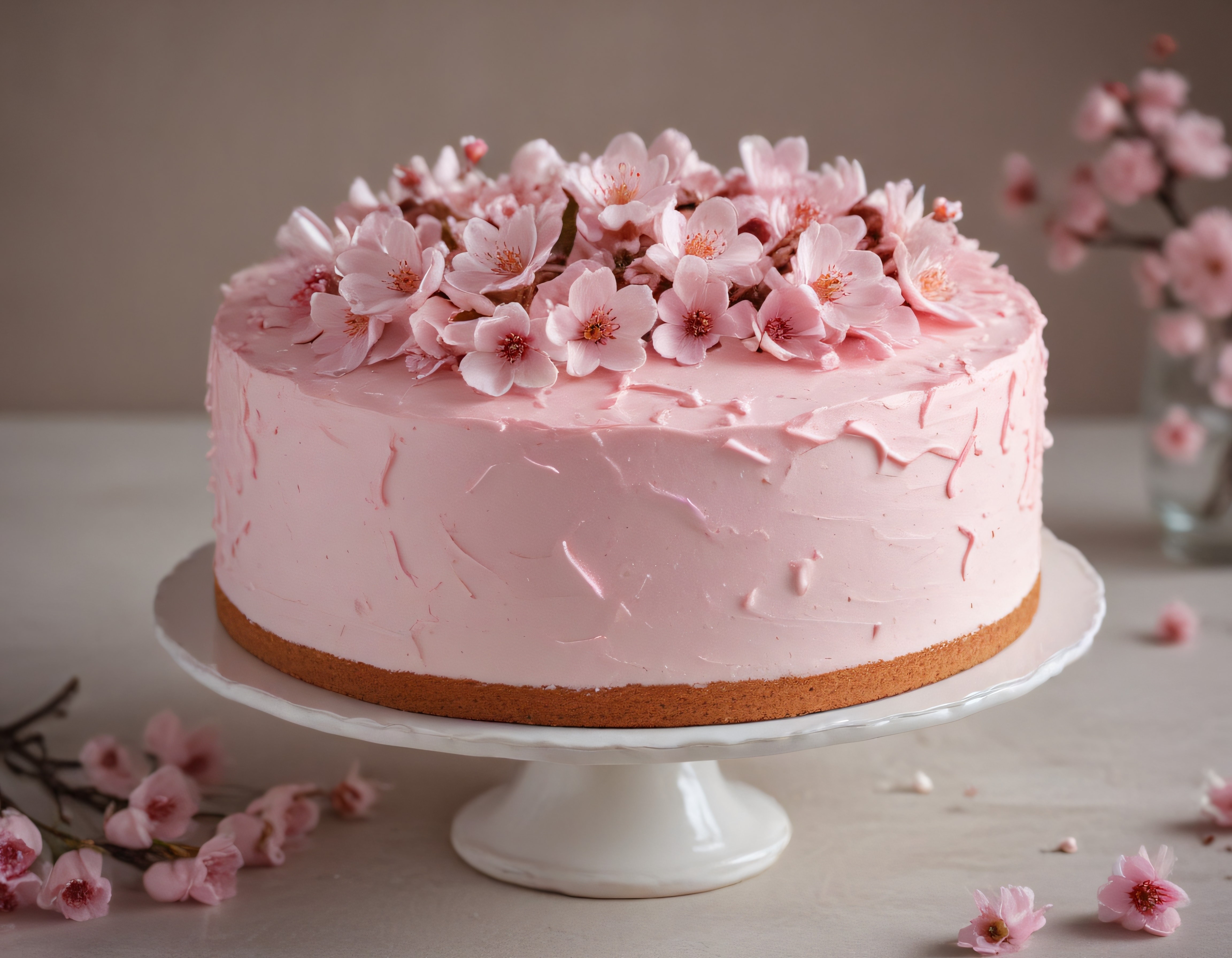 Pembe Çiçekler ve Yumuşak Krema ile Süslenmiş Şık Doğum Günü Pastası