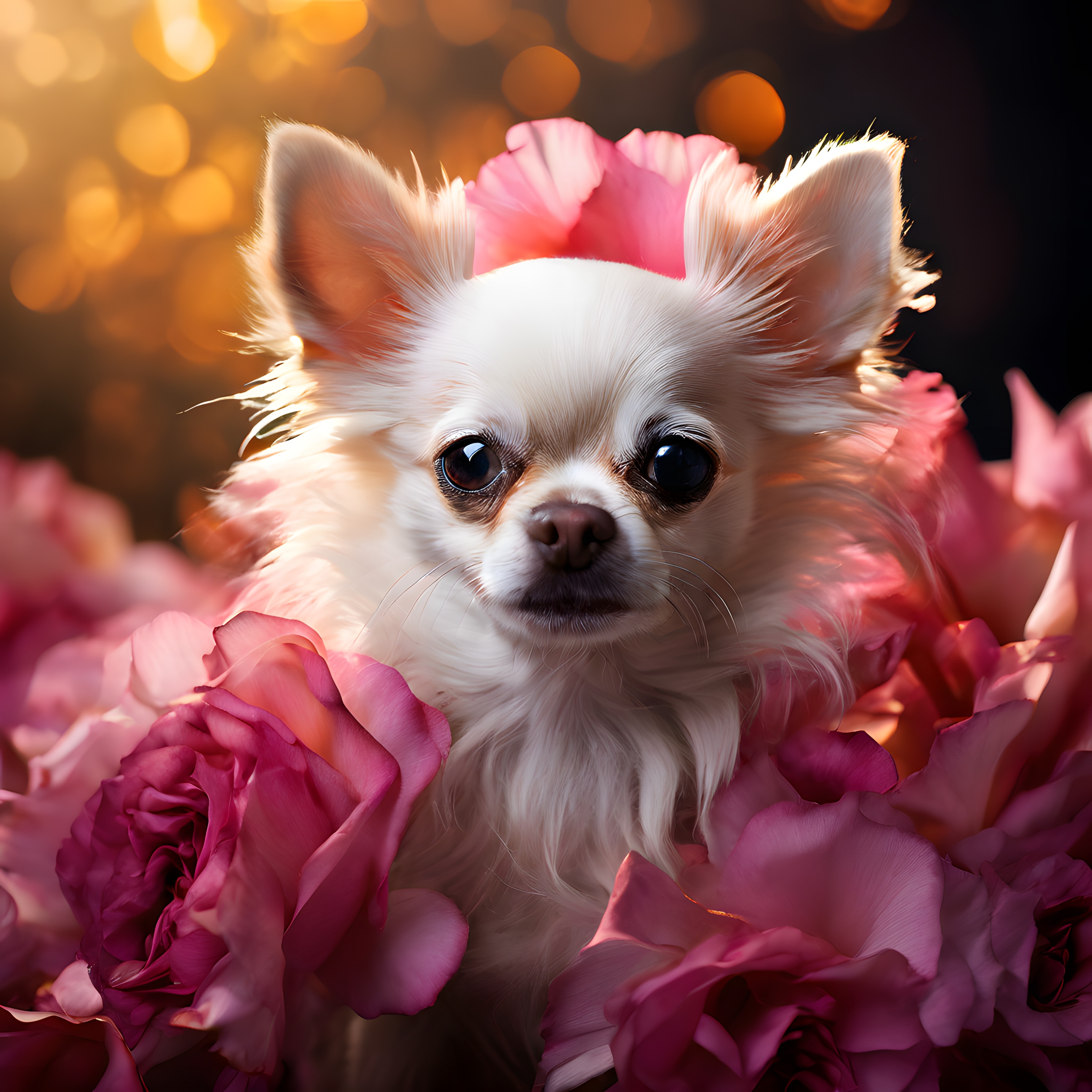 Pembe Çiçeklerin Arasından Bakan Sevimli Beyaz Chihuahua Portresi