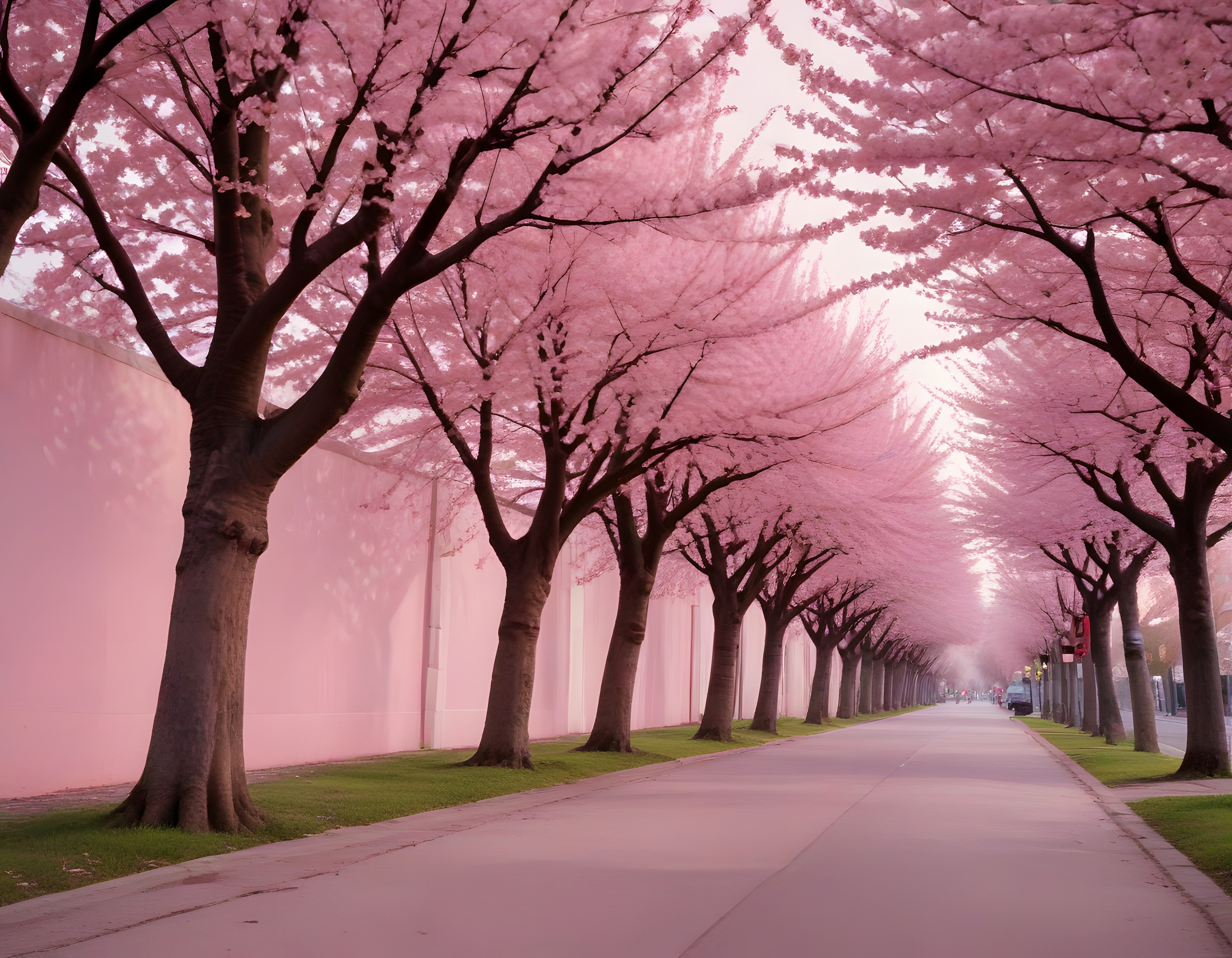 Pembe Çiçekli Ağaçların Gölgelediği Romantik Yürüyüş Yolu ve Bahar Manzarası