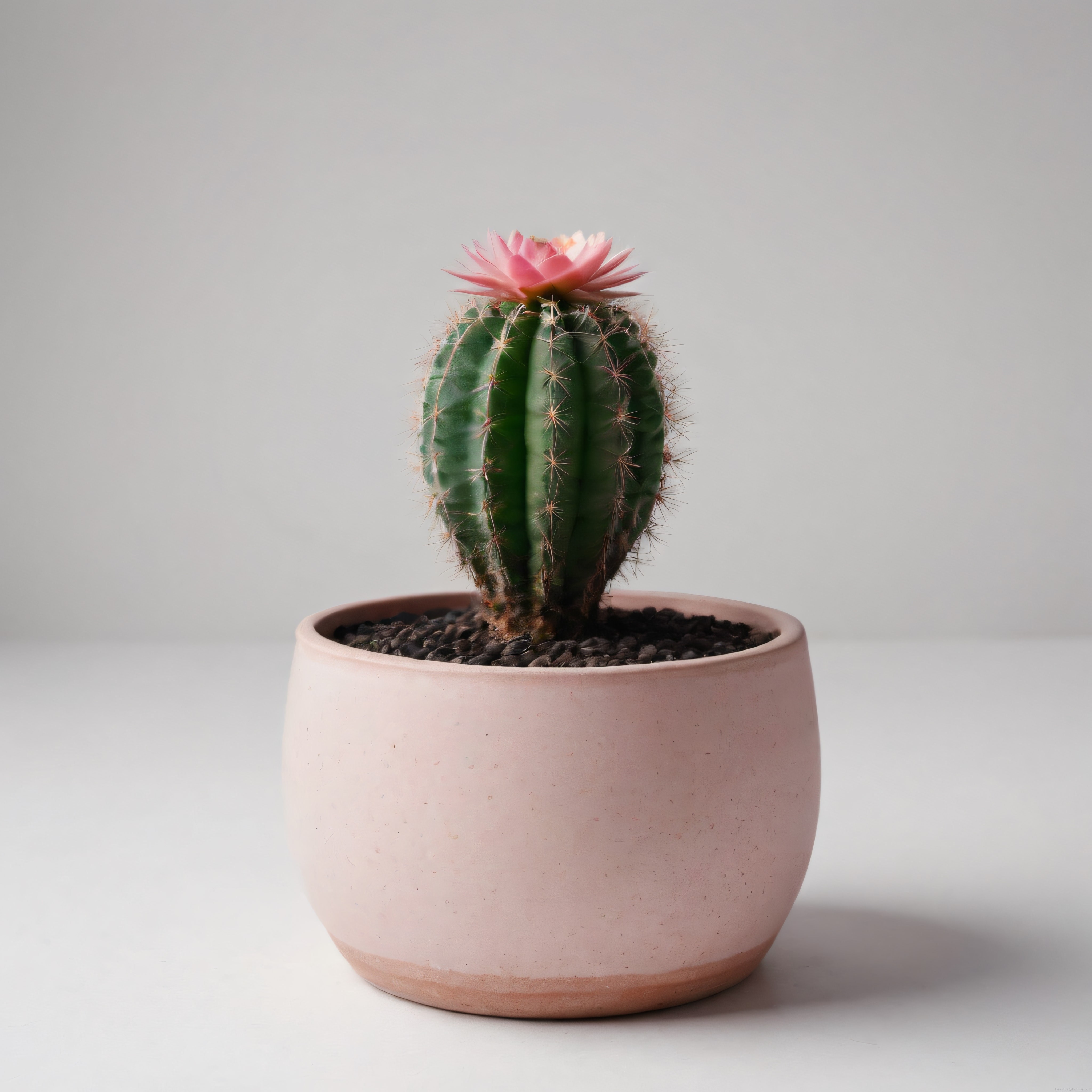 Pembe Çiçekli Kaktüs ve Seramik Saksıda Minimalist Dekoratif Bitki