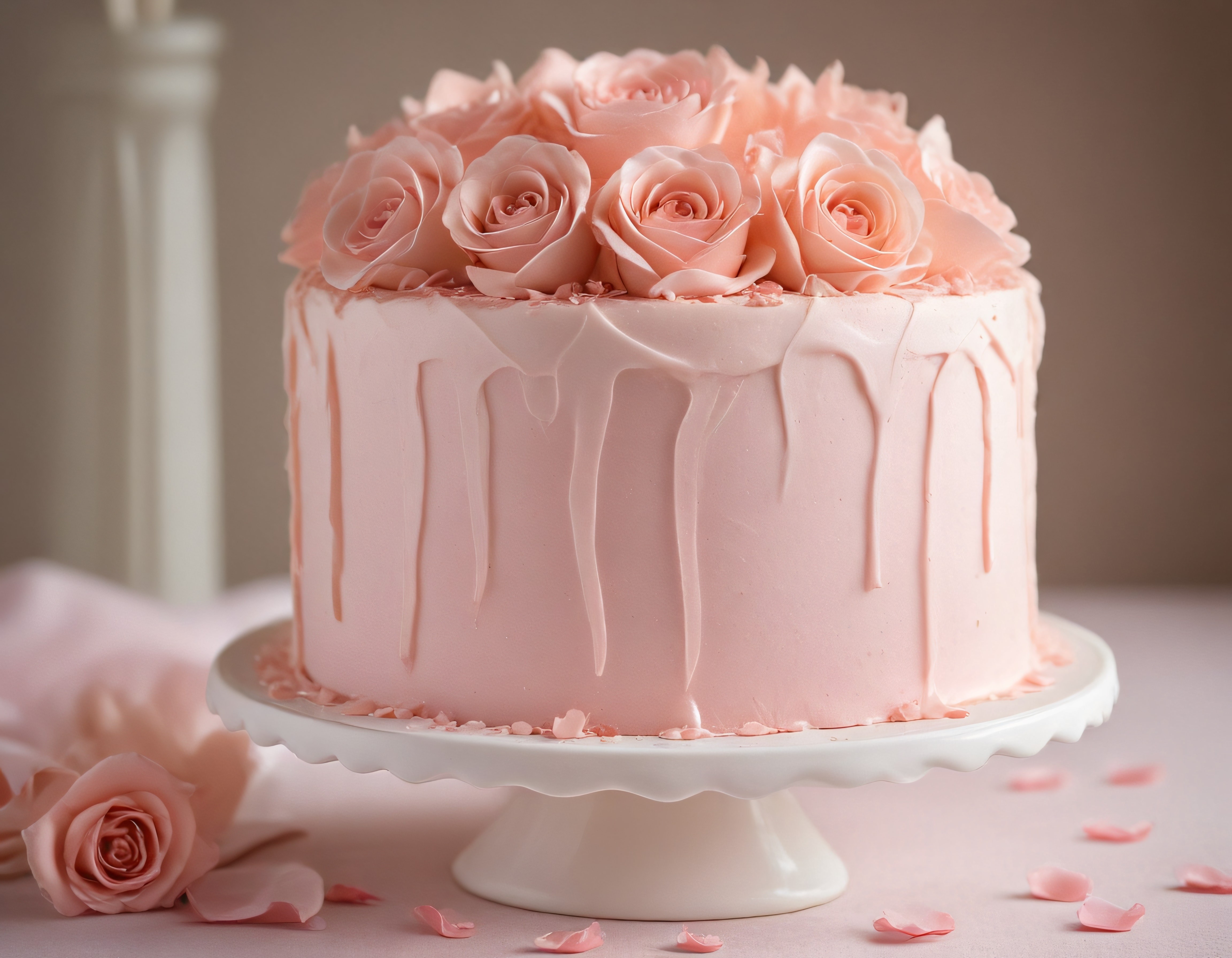 Pembe Çikolata Sızmalı ve Şeker Gül Süslemeli Romantik Butik Pasta Tasarımı