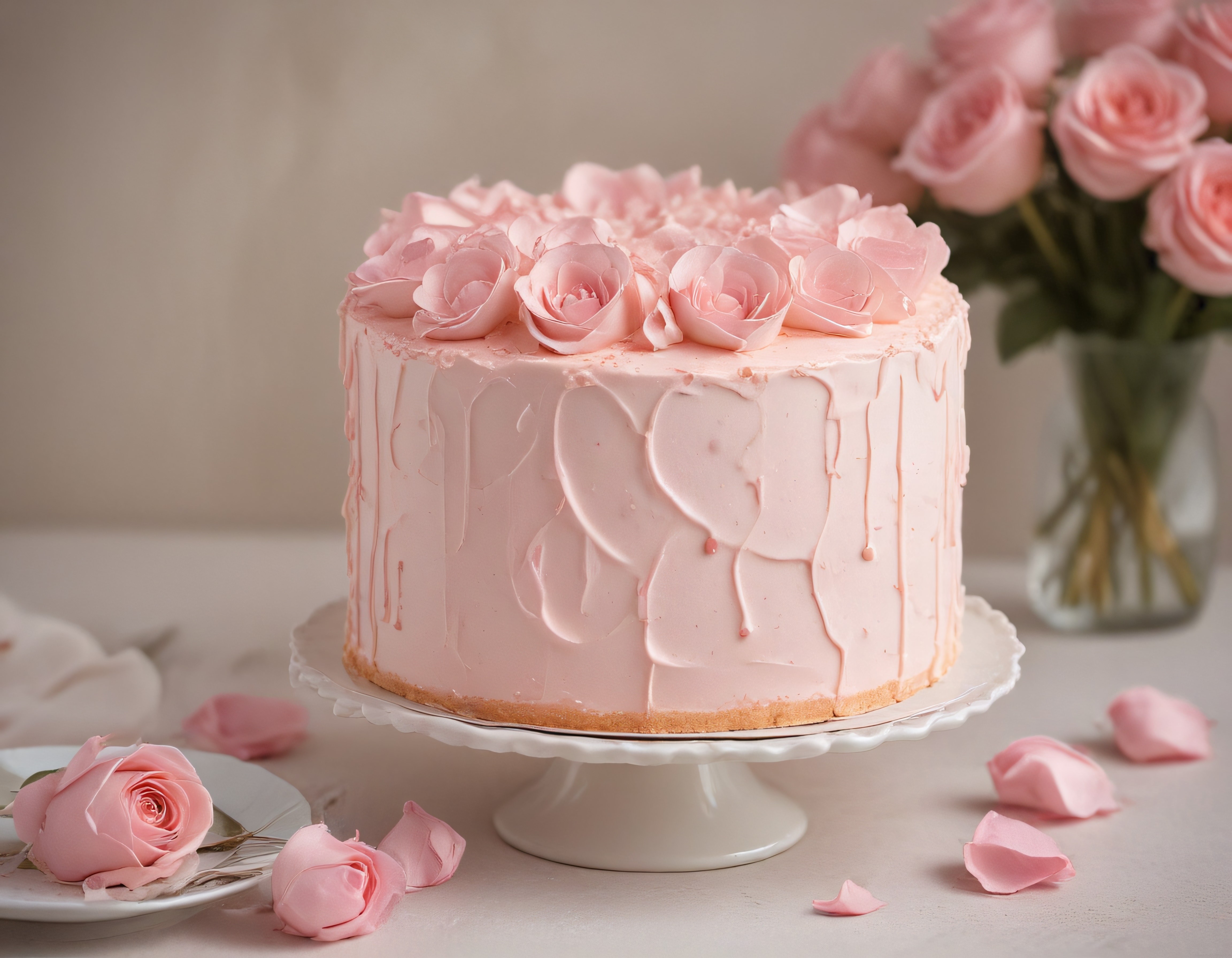 pembe çikolatalı drip pasta ve taze gül süslemeli romantik tatlı sunumu