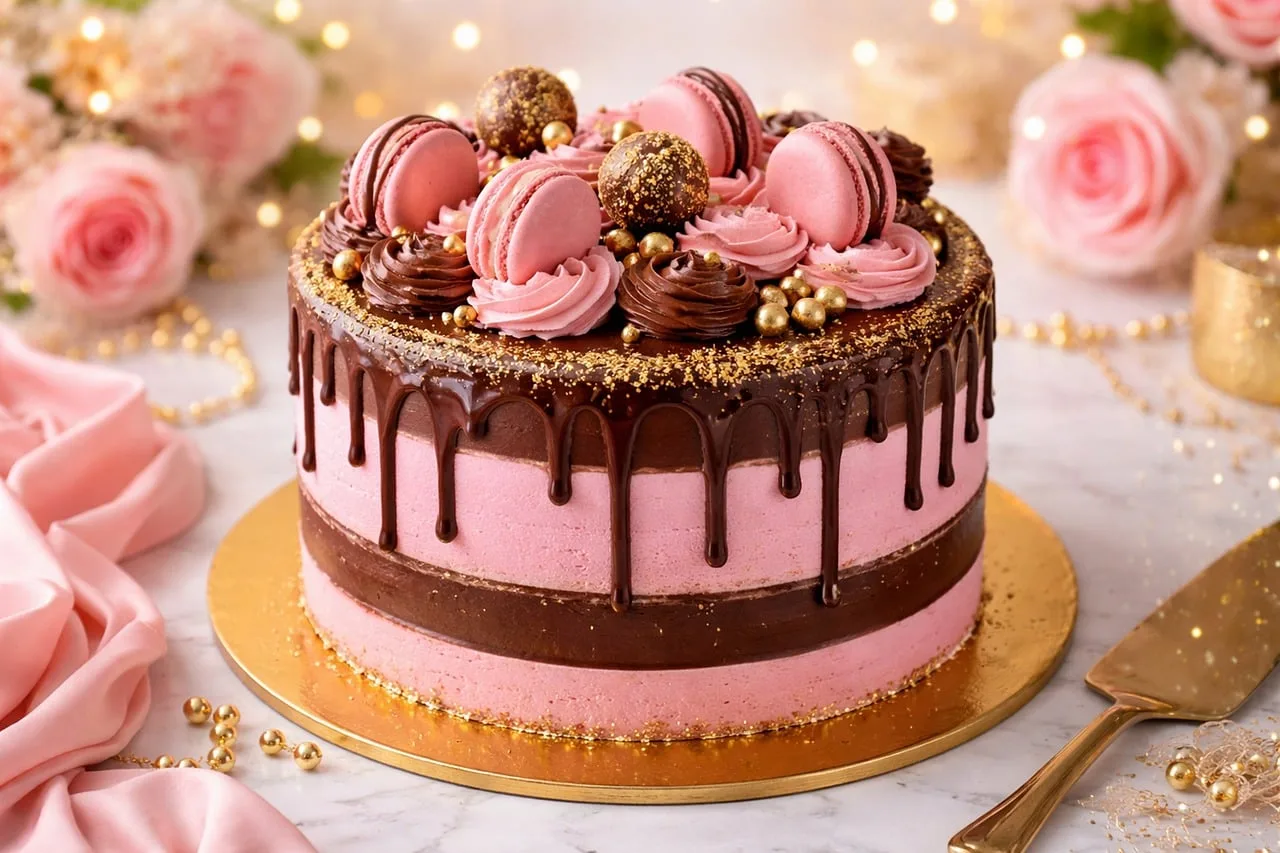 Pembe çikolatalı makaronlu doğum günü pastası