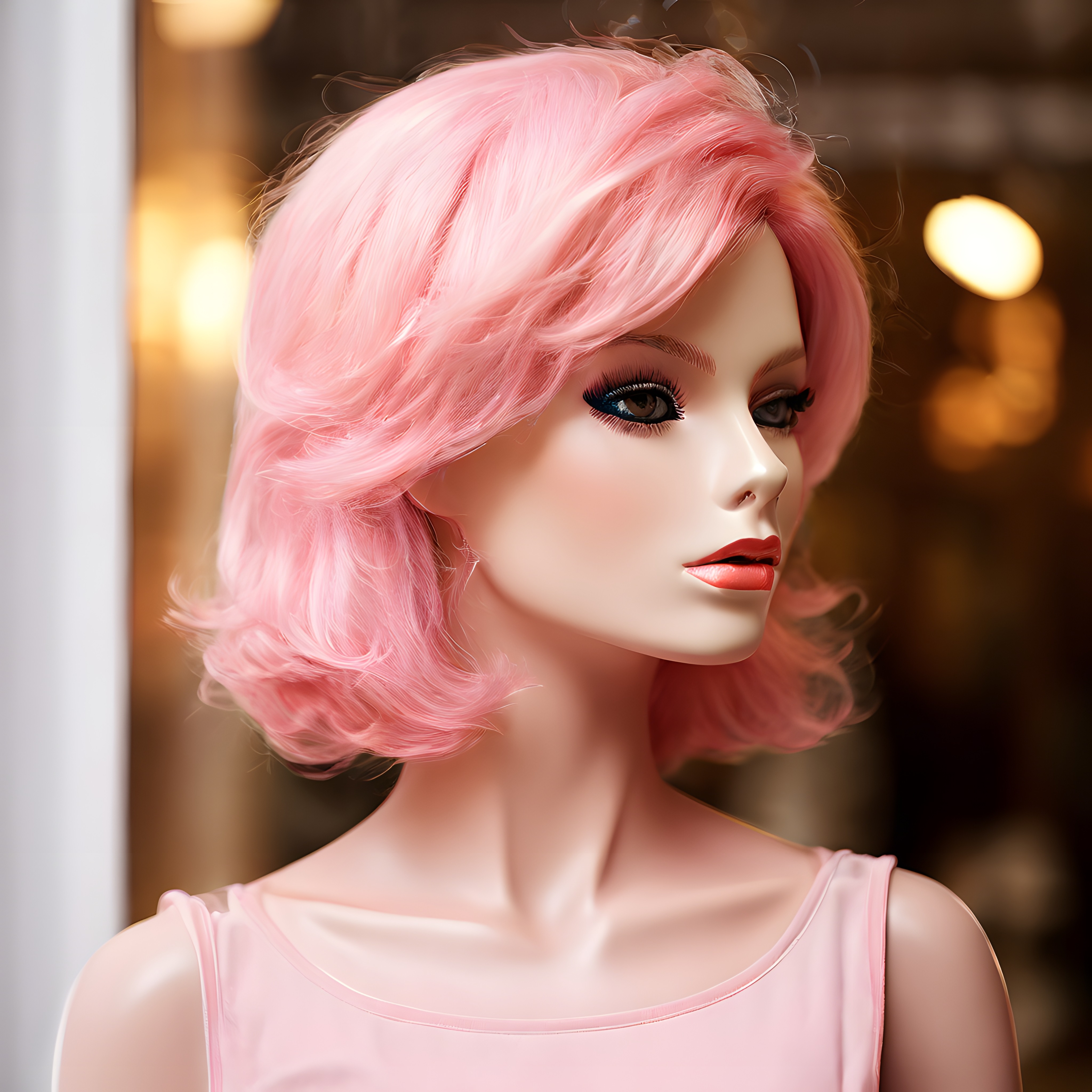 Pembe Dalgalı Bob Peruk Modeli: Vitrin Sunumunda Canlı ve Trend Saç Rengi