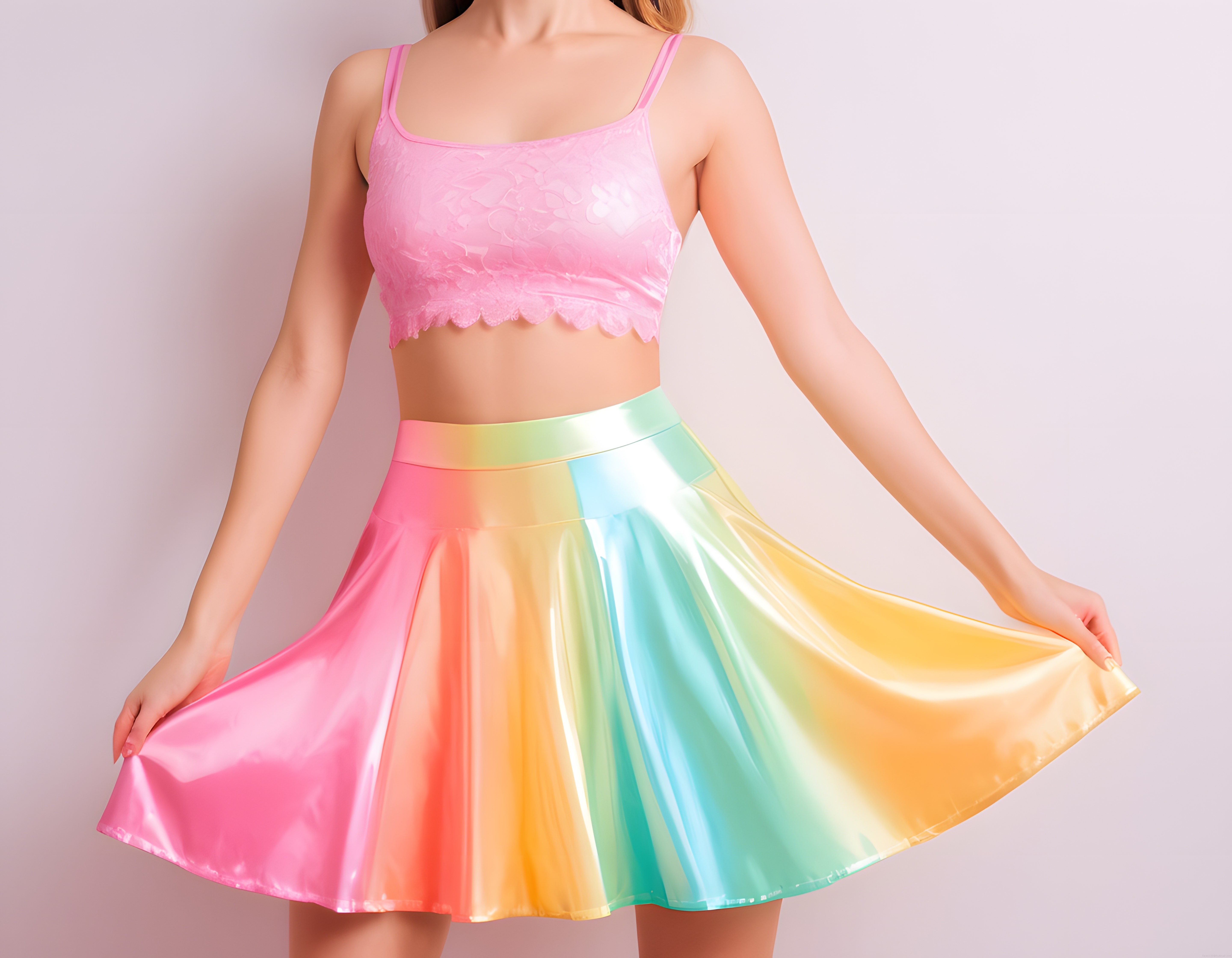 Pembe Dantelli Crop Top ve Işıltılı Gökkuşağı Etek Kombiniyle Enerjik Yaz Modası